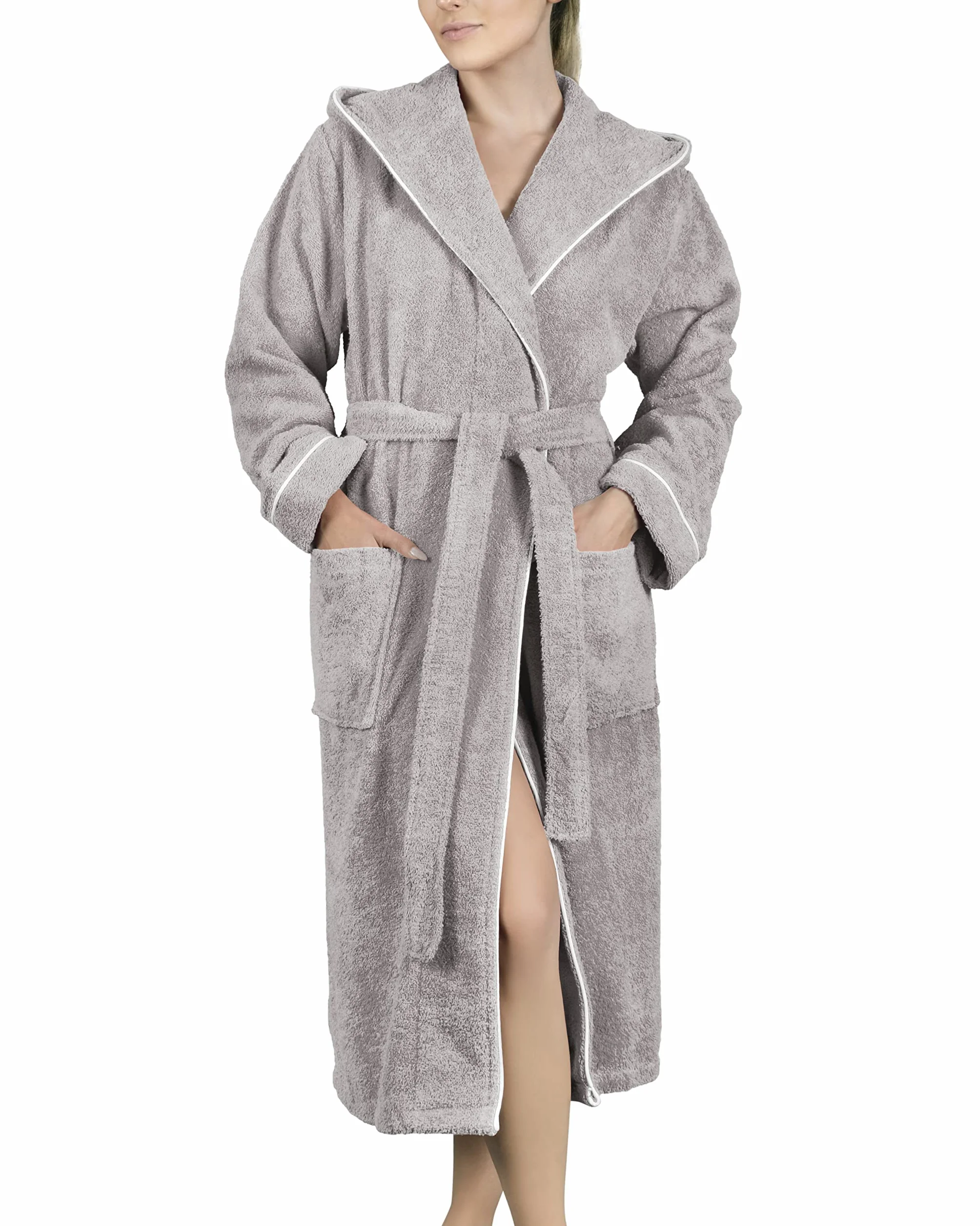 LAYNENBURG Damski szlafrok frotte - kaptur - długi - 100% bawełna (380g/m2) - OEKO TEX Standard 100 - rozmiar S, M, L, XL, XXL, 3XL