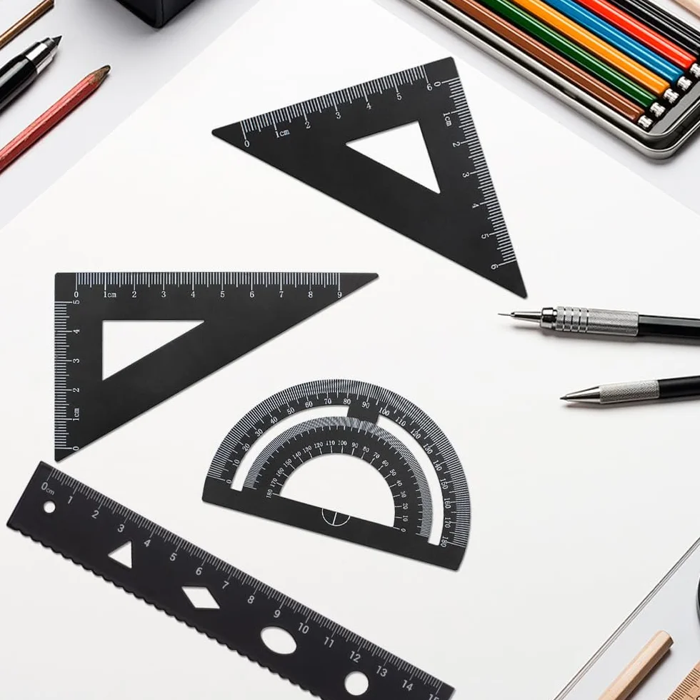 Czarna linijka pomiarowa, narzędzie do geometrii matematycznej, zestaw linijki ze stopu aluminium zawiera linijkę, trójkąt, kątomierz do rysowania i pomiaru dla studentów, nauczycieli,