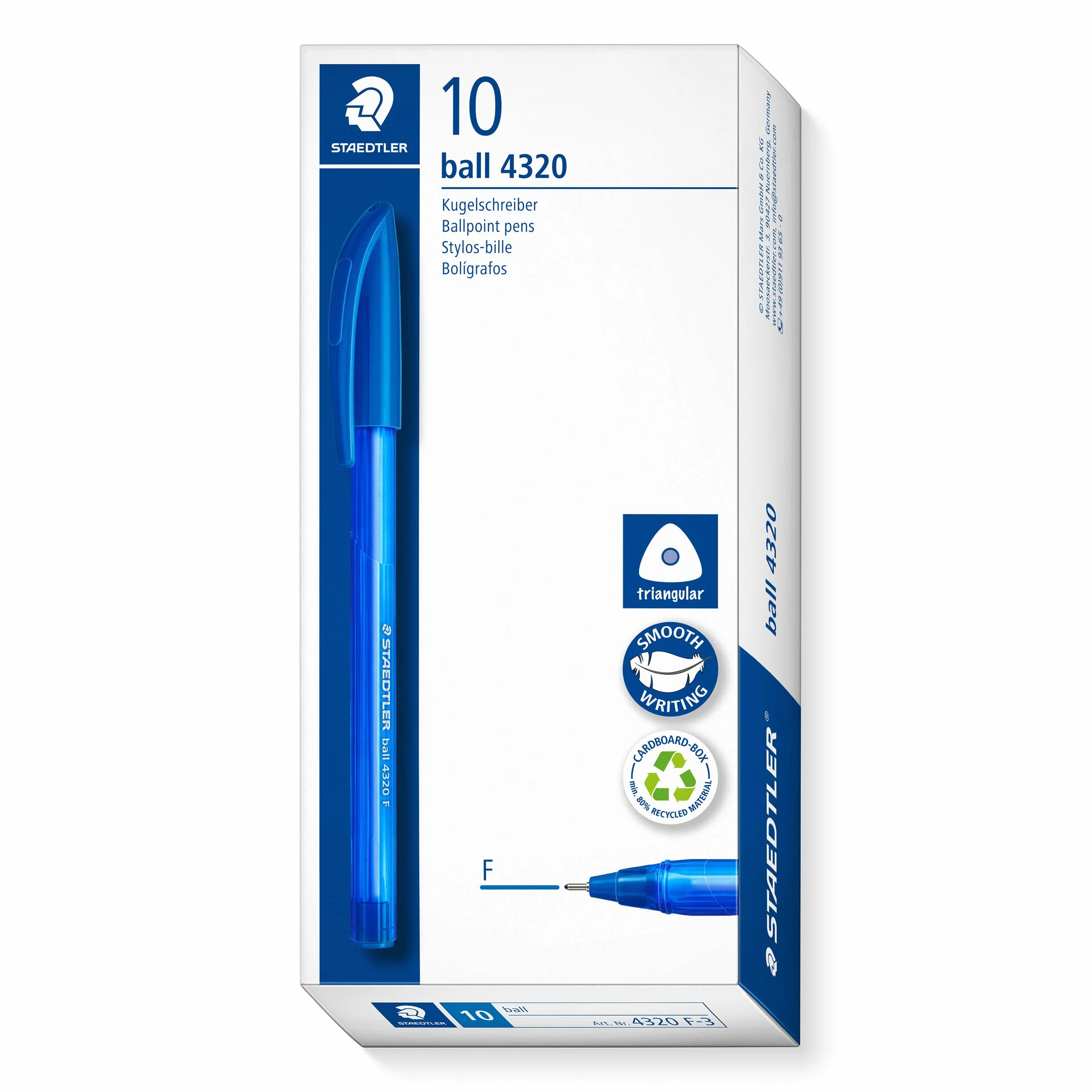 Staedtler 4320 F-3 trójkątny długopis, kolor wkładu niebieski, szerokość linii F ok. 0,7 mm, do wygodnego pisania, 10 niebieskich długopisów w kartonowym etui, 4320 F-3