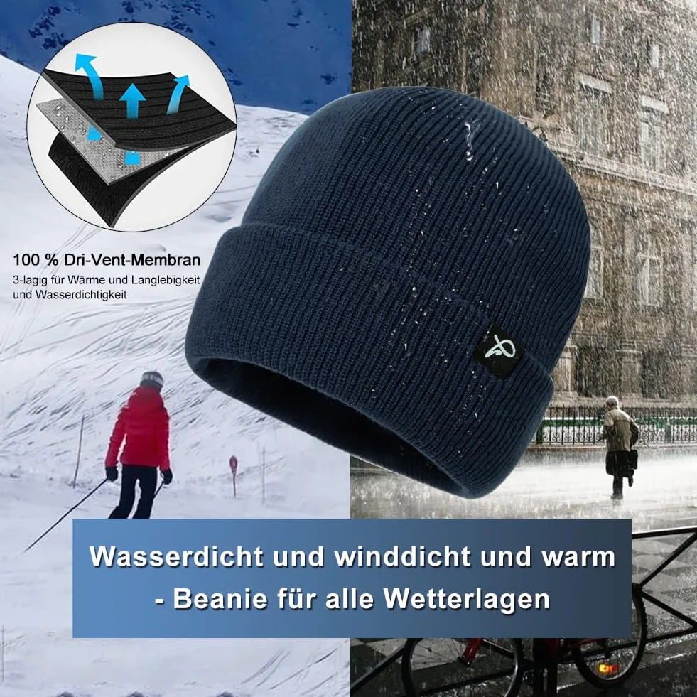 TOP-EX Wodoodporna czapka beanie męska damska czapka beanie z wełny merynosów ciepła czapka zimowa z podszewką polarową na zimną i mokrą pogodę, wiatroszczelna i ciepła i rozciągliwa