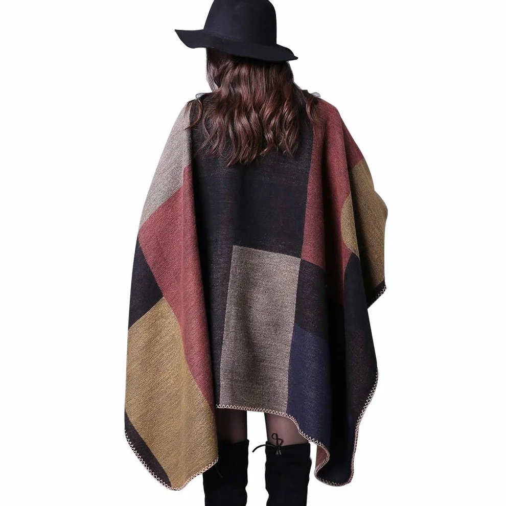 Women Poncho Cape Open Front Spring Cardigan Lady Reversible Free Size Cape Printed Oversized Warm Wraps Checked Knitted Tartan Blanket Bohemia Long Geometric Pattern Shawl