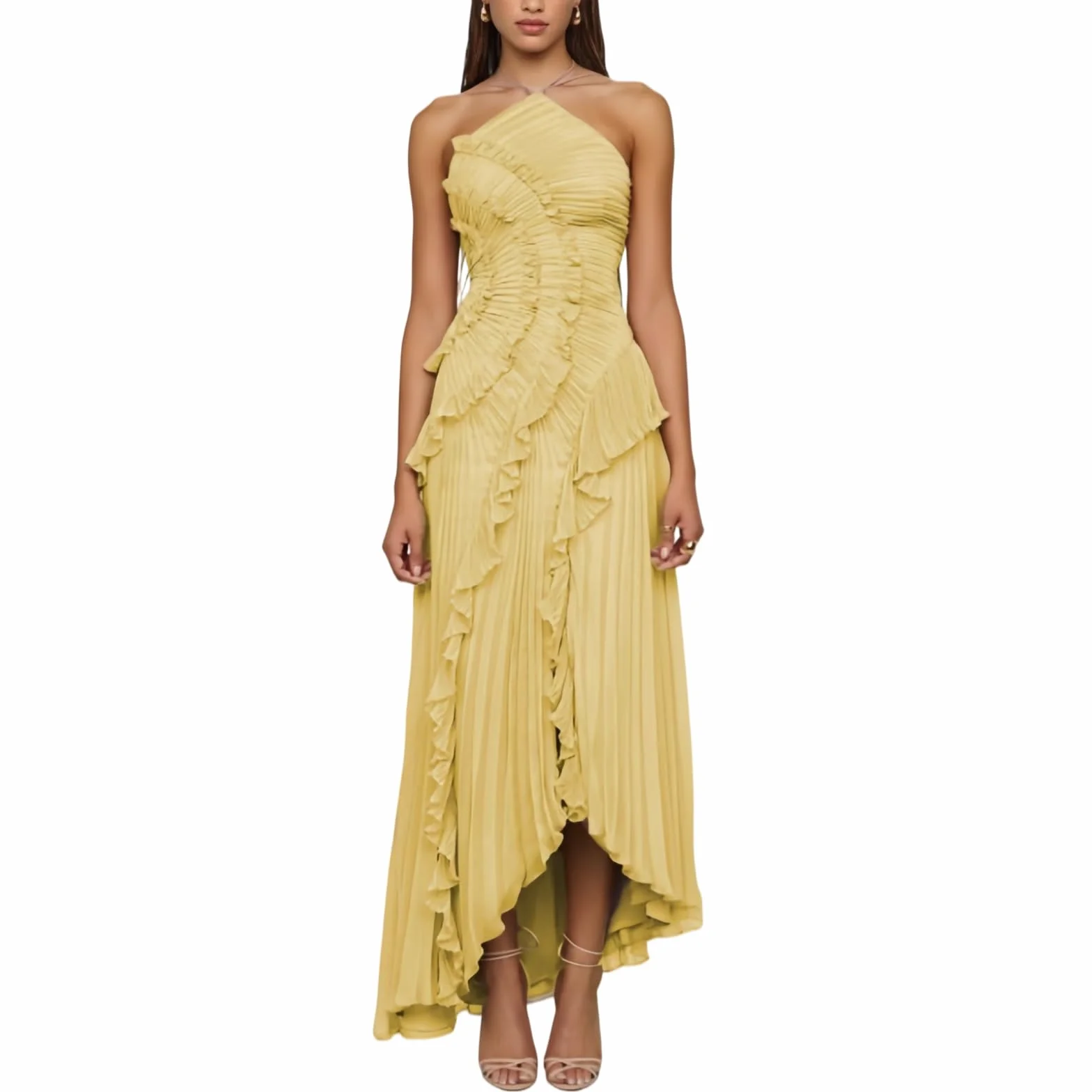 Plisowana sukienka maxi Lotus Edge dla kobiet, bez pleców, bez rękawów, asymetryczna, marszczona, wielowarstwowa, elegancka, formalna sukienka
