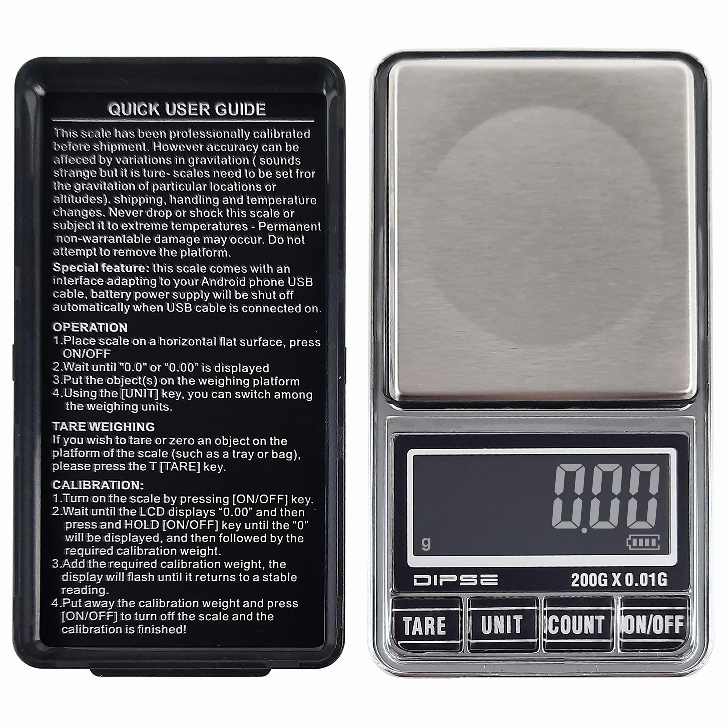 DIPSE USB 200 – cyfrowa waga kieszonkowa z portem USB bez automatycznego wyłączania, która w odstępach 0,01 g waży dokładnie do 200 g