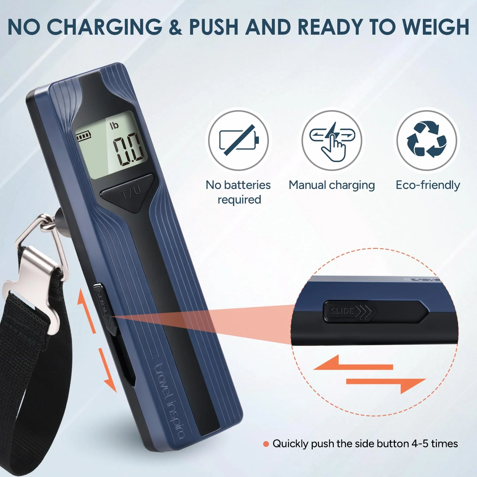 travel inspira Waga podróżna bez baterii, cyfrowa waga podróżna z wyświetlaczem LCD, waga bagażowa do 50 kg/110 lb, cyfrowa waga bagażowa z haczykiem, tara, automatyczne wyłączanie, do podróży i
