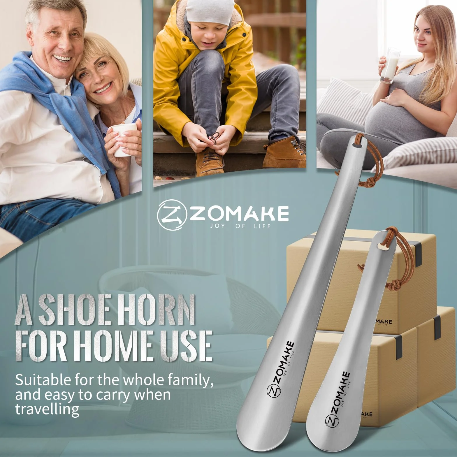 ZOMAKE Łyżka Do Butów Metalowy 2Szt,Długa Łyżka Do Butów Ze Stali Nierdzewnej 30 cm Z Liną - 18.5 cm Stabilna Łyżka Do Butów Mała Z Liną Dla Seniorów Mężczyzn Kobiet
