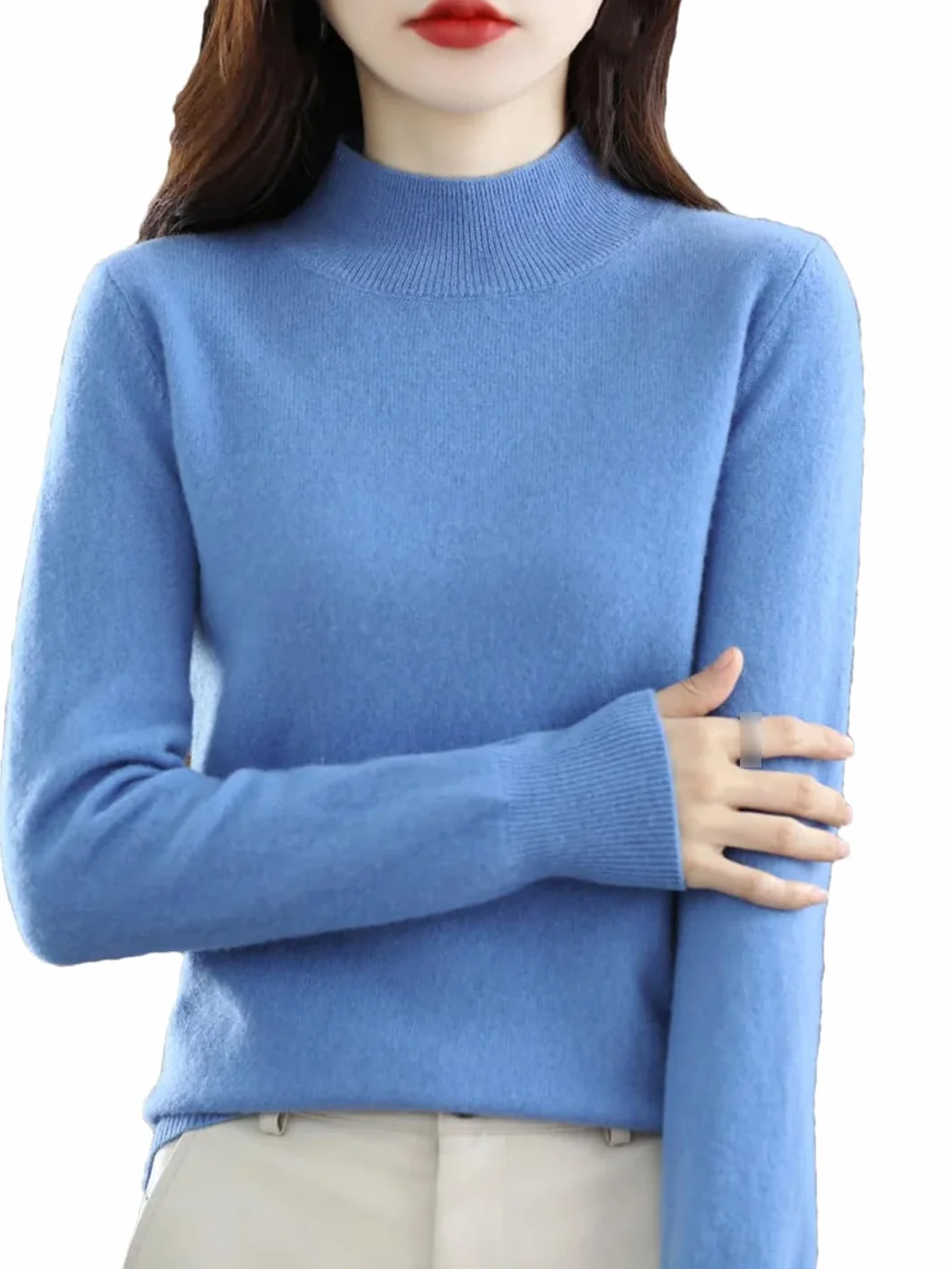 Jesień Zima Damski Podstawowy Sweter Mock Neck Sweter Wełna Merino Długi Rękaw Solidny Kaszmir Dzianinowe Ubrania