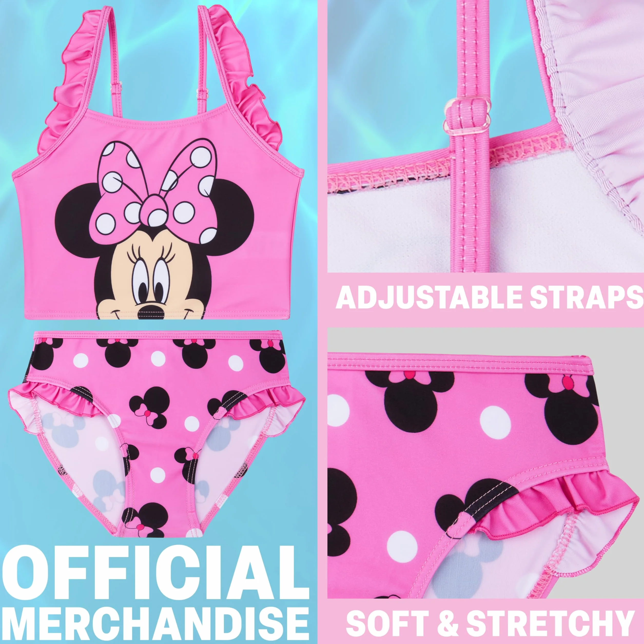 Disney Stitch | Dziewczęce bikini Myszka Minnie Dwuczęściowy Zestaw Kąpielowy, Regulowany Strój Kąpielowy Z Paskami, Stroje Kąpielowe Tankini