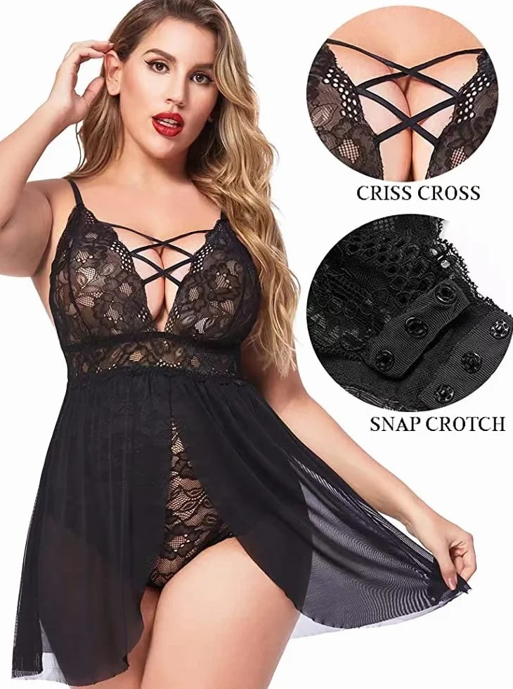 VicSec Plus Size Koronka Babydoll Mesh Chemise Seksowna bielizna nocna Zestaw koronkowy wykończenia Negligee L-5XL