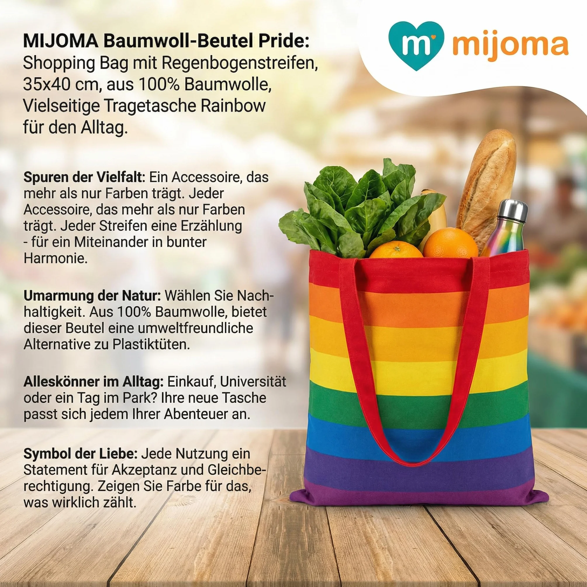 MIJOMA Worek bawełniany Pride: Shopping Bag w tęczowe paski, 35 x 40 cm, ze 100% bawełny, uniwersalna torba do noszenia na co dzień, T?czowe paski, ca. 35 x 40 cm