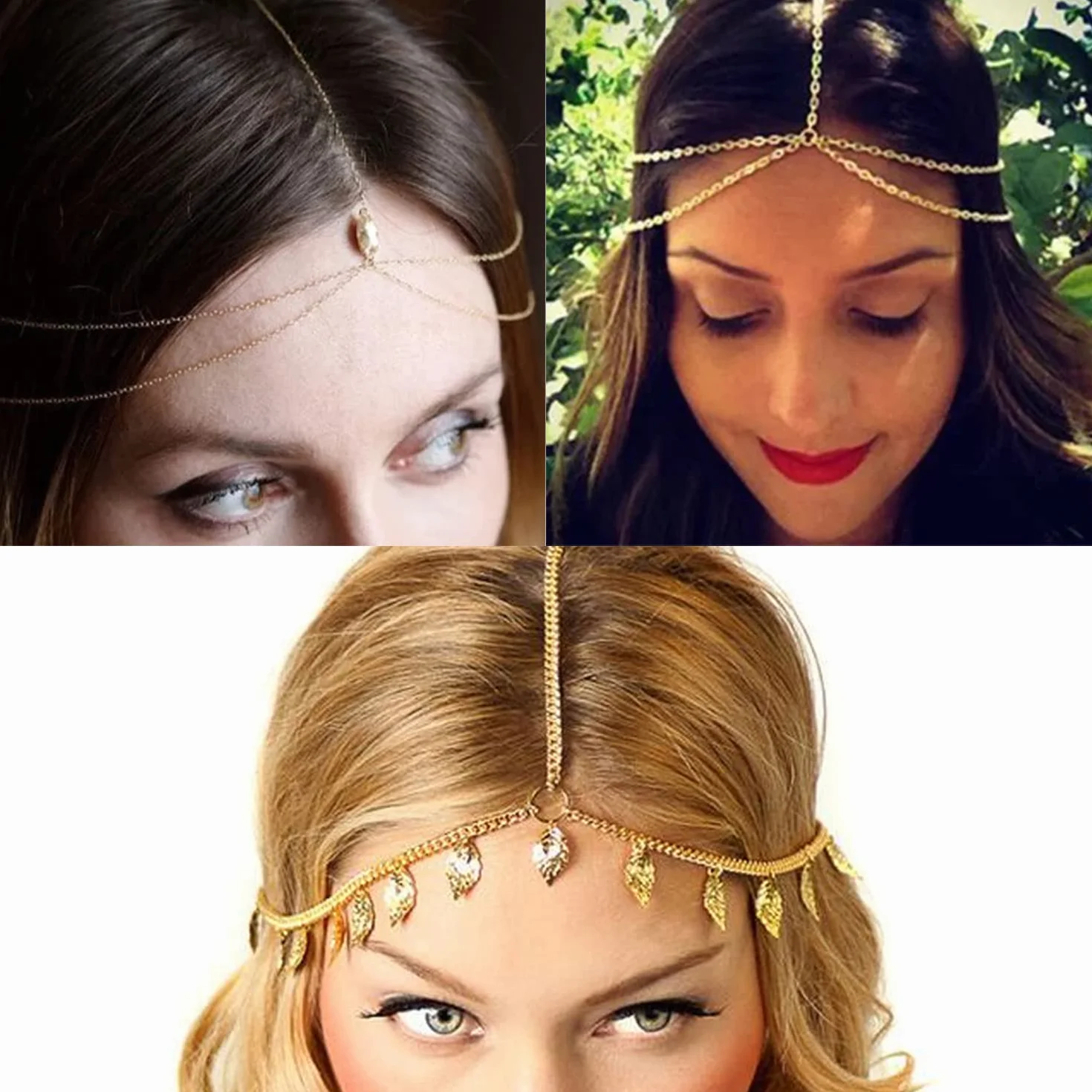 6-częściowy złoty wielowarstwowy łańcuszek nakrycie głowy, perłowy frędzel, kryształowy wisiorek, złoty cekin, damski łańcuszek na głowę