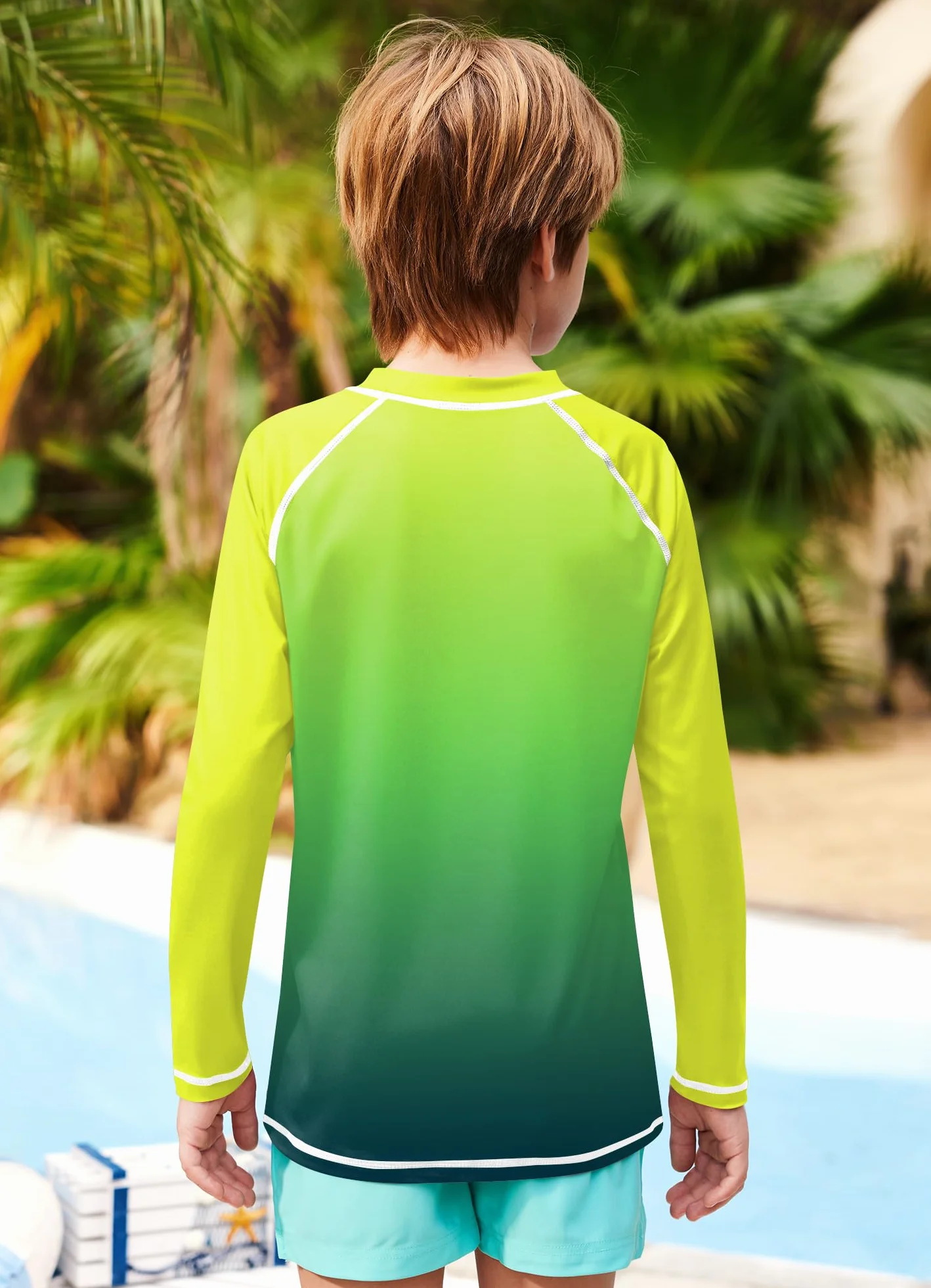 BesserBay Dziecięcy kostium kąpielowy z długim rękawem Rashguard szybkoschnący UV koszulka kąpielowa dla chłopców 110-160, Plaża żółto-zielona, 130