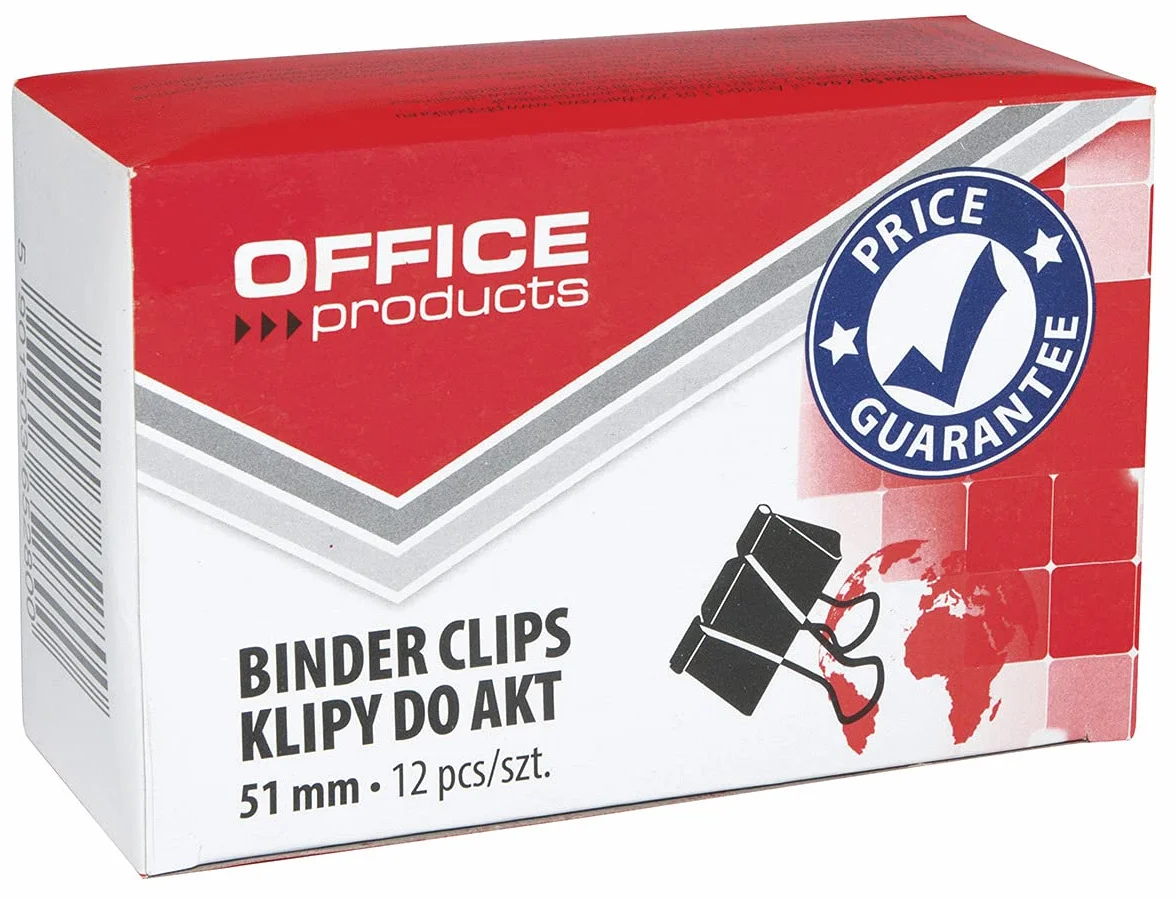 Klipy do Dokumentów OFFICE PRODUCTS 51mm 12szt Czarne/Drobne Akcesoria Biurowe/Typ-do Akt/Rodzaj-Standard/Materiał-Metal/Kolor-Czarny/Rozmiar-51mm