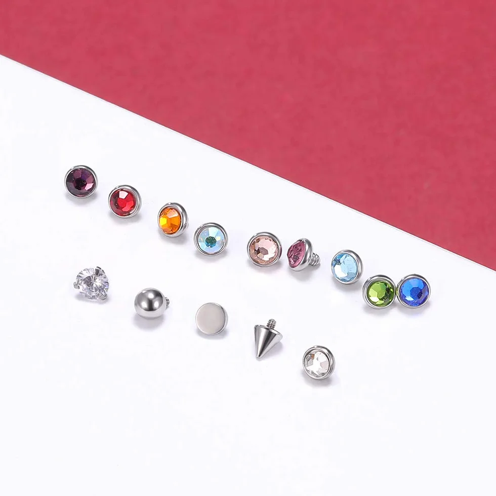 Zestaw kolczyków, rozmiar 14, stal chirurgiczna, gwintowanie wewnętrzne, kotwica, baza, piercing dla kobiet, mężczyzn, 14 / 15 szt., cyrkonia, 2 mm, 3 mm, 4 mm, Stal nierdzewna, Cyrkonia sześcienna,