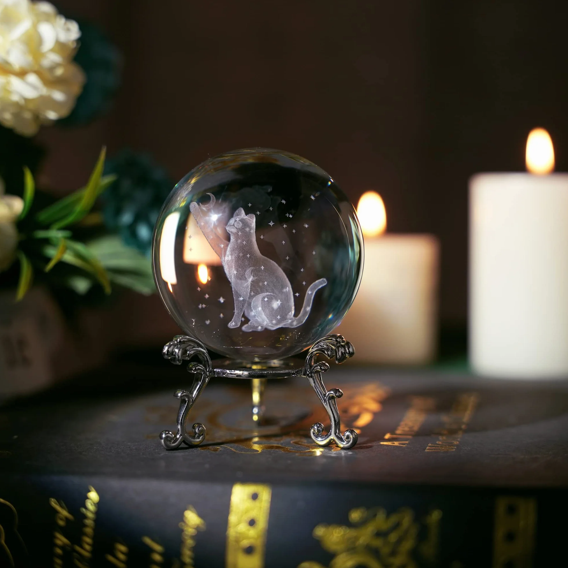 ZEERSHEE Figurka kryształowej kuli 3D 60 mm - szklana grawerowana laserowo księżyc gwiazda kryształowa kula ze stojakiem - przyciski do papieru i prezenty dla kotów dla zakochanych