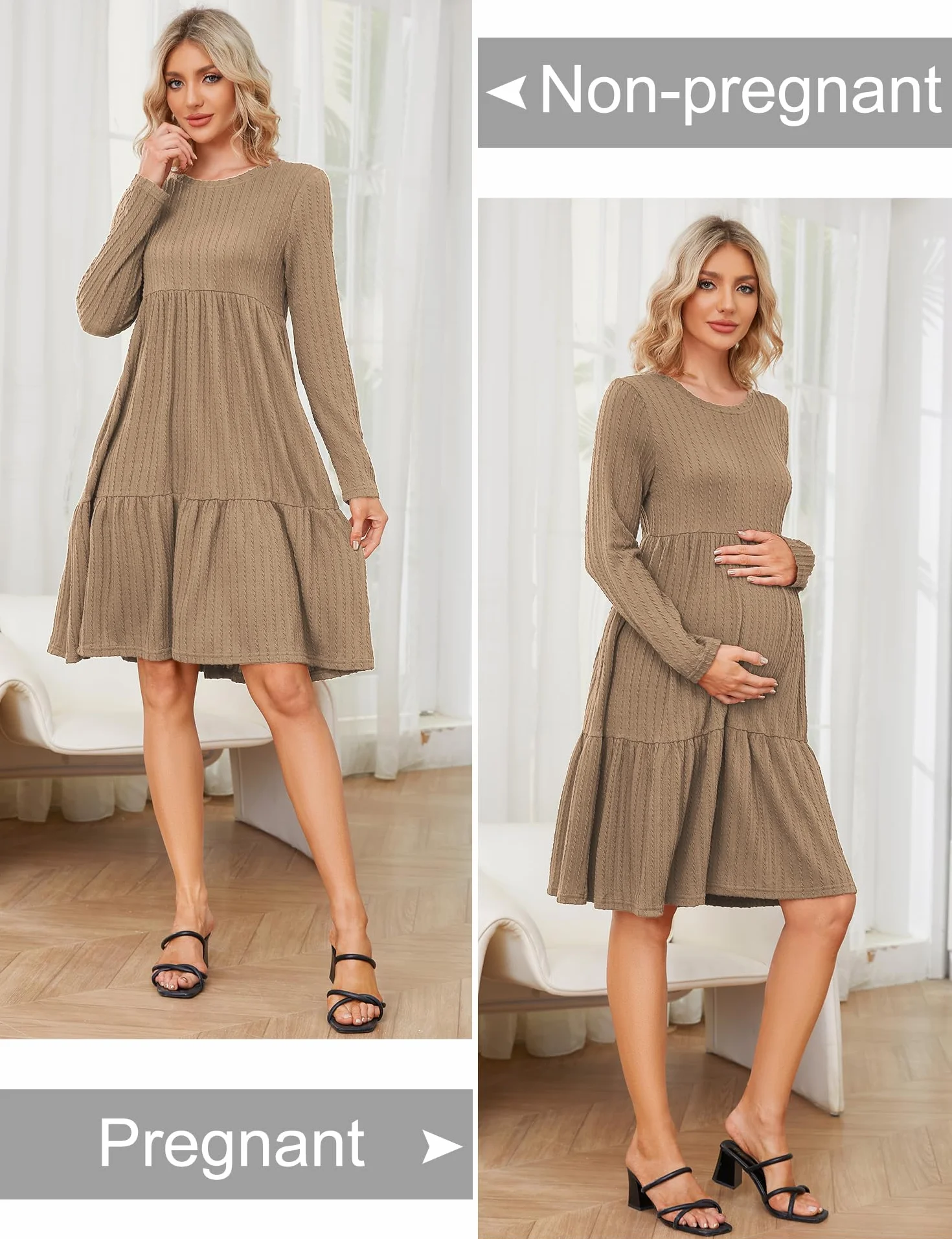 MAVIS LAVEN Damska sukienka ciążowa, prążkowana, okrągły dekolt, rozciągliwa sukienka ciążowa na sesję zdjęciową, baby shower
