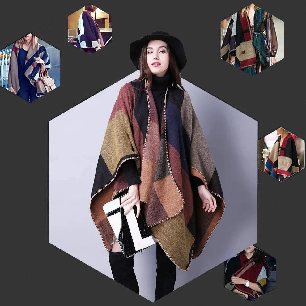 Women Poncho Cape Open Front Spring Cardigan Lady Reversible Free Size Cape Printed Oversized Warm Wraps Checked Knitted Tartan Blanket Bohemia Long Geometric Pattern Shawl