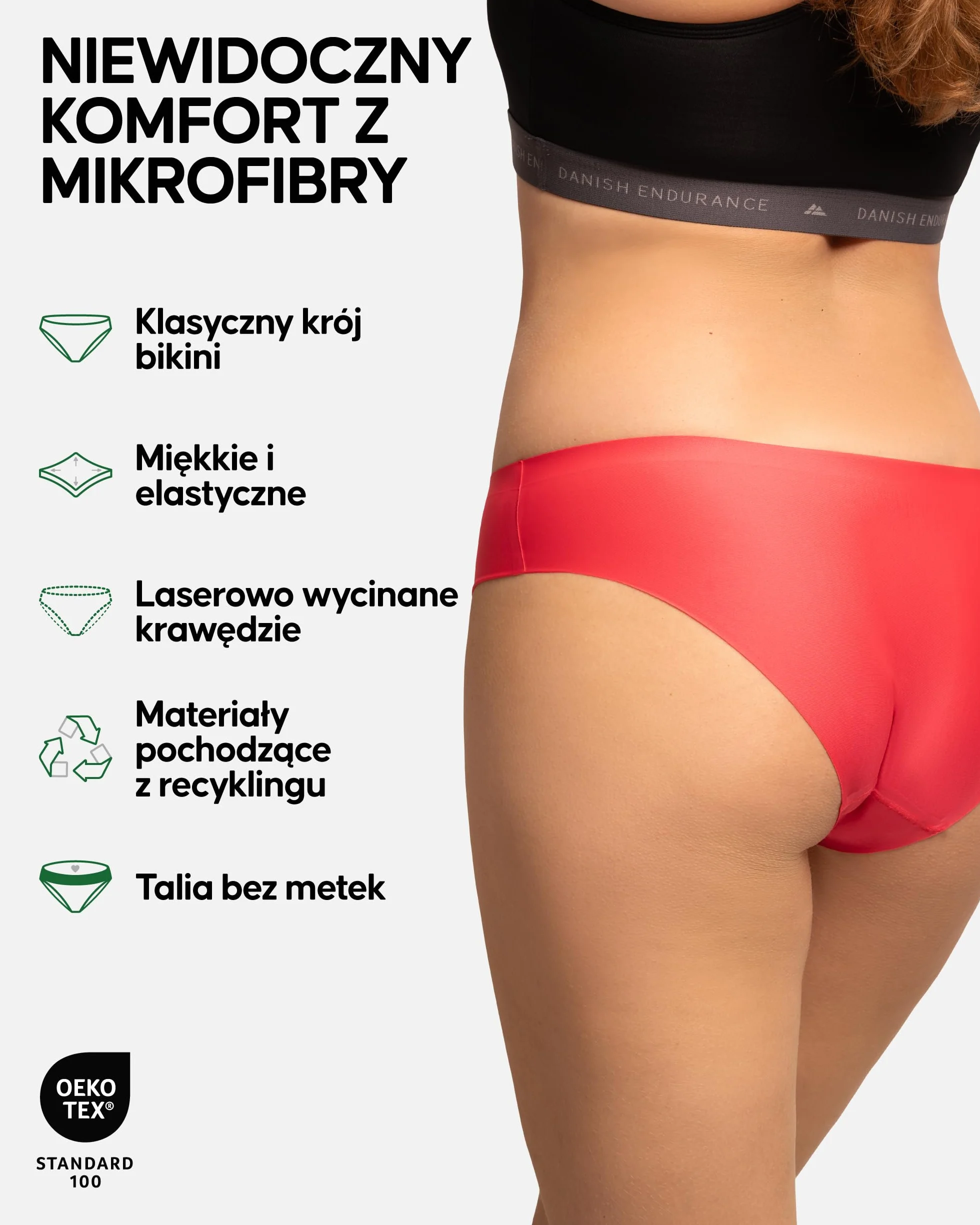 DANISH ENDURANCE Damskie Niewidoczne Figi Bikini, Sportowe Majtki, Niewidoczna Bielizna, Mikrofibra, 6-Pak