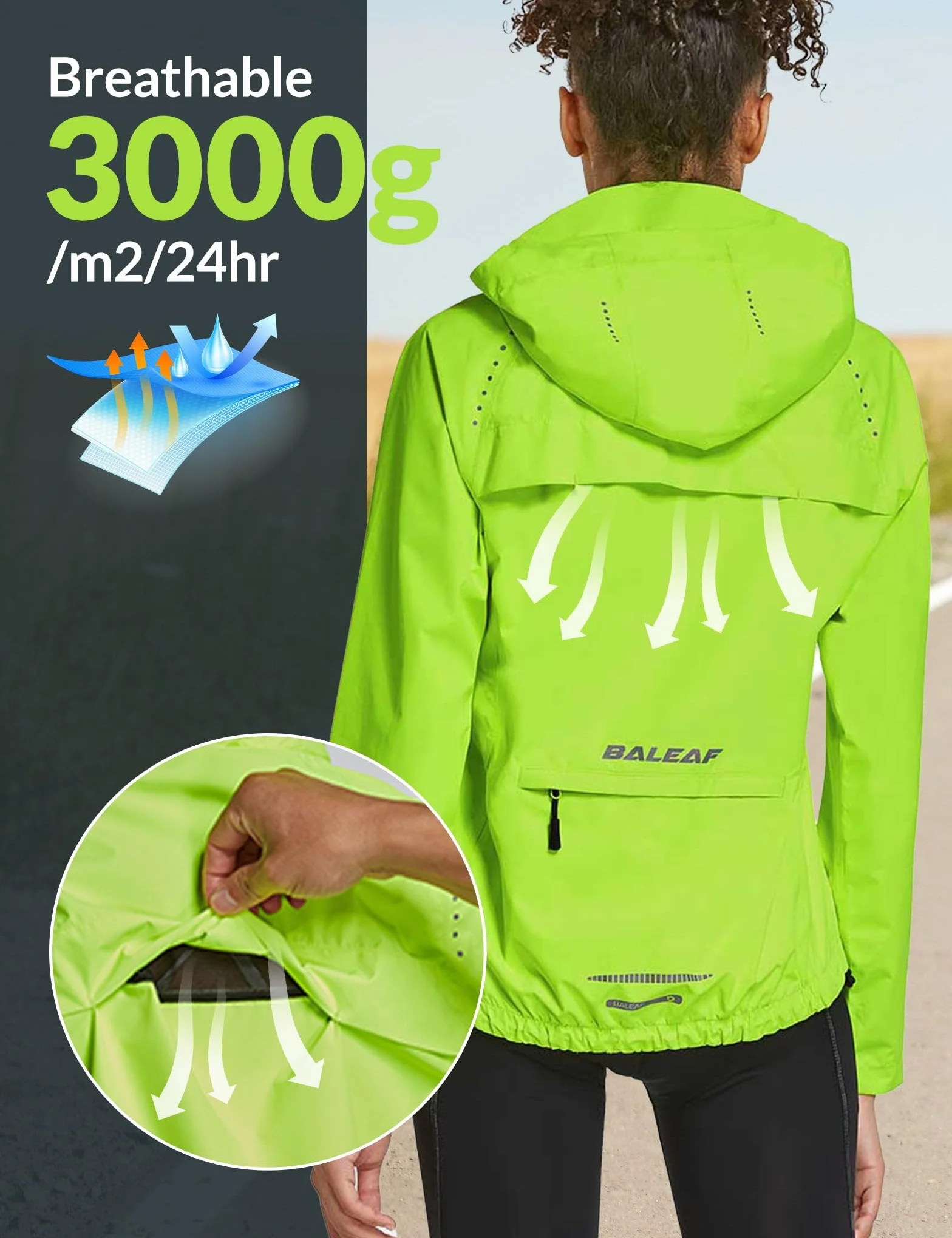 baleaf Kurtki wodoodporne damskie Kurtka rowerowa damska Kurtki lekkiej wagi damskie Kurtki outdoorowe Kurtki przeciwdeszczowe spakowalne Kurtki do biegania Kurtki wiatroodporne Kurtki do wędrówek, XL