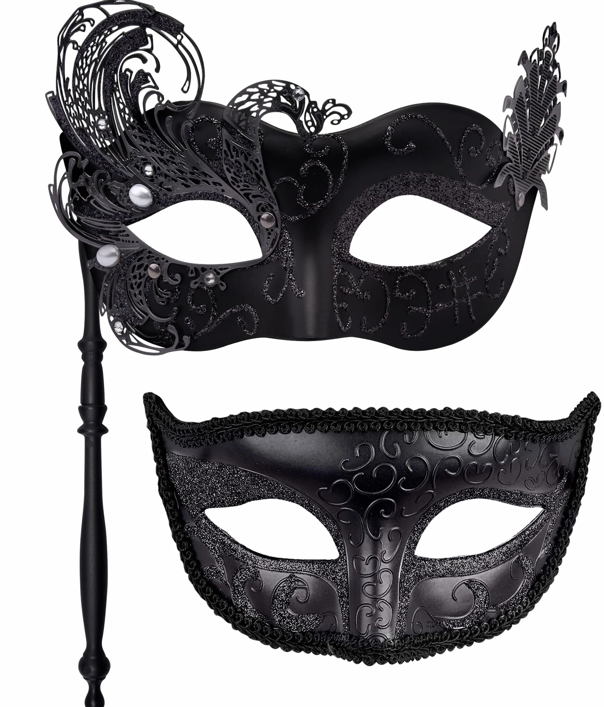 SIQUK Para maskaradowych masek z kijem do trzymania wenecka maska na imprezę halloweenową kostium karnawałowa maska dla par kobiet i mężczyzn