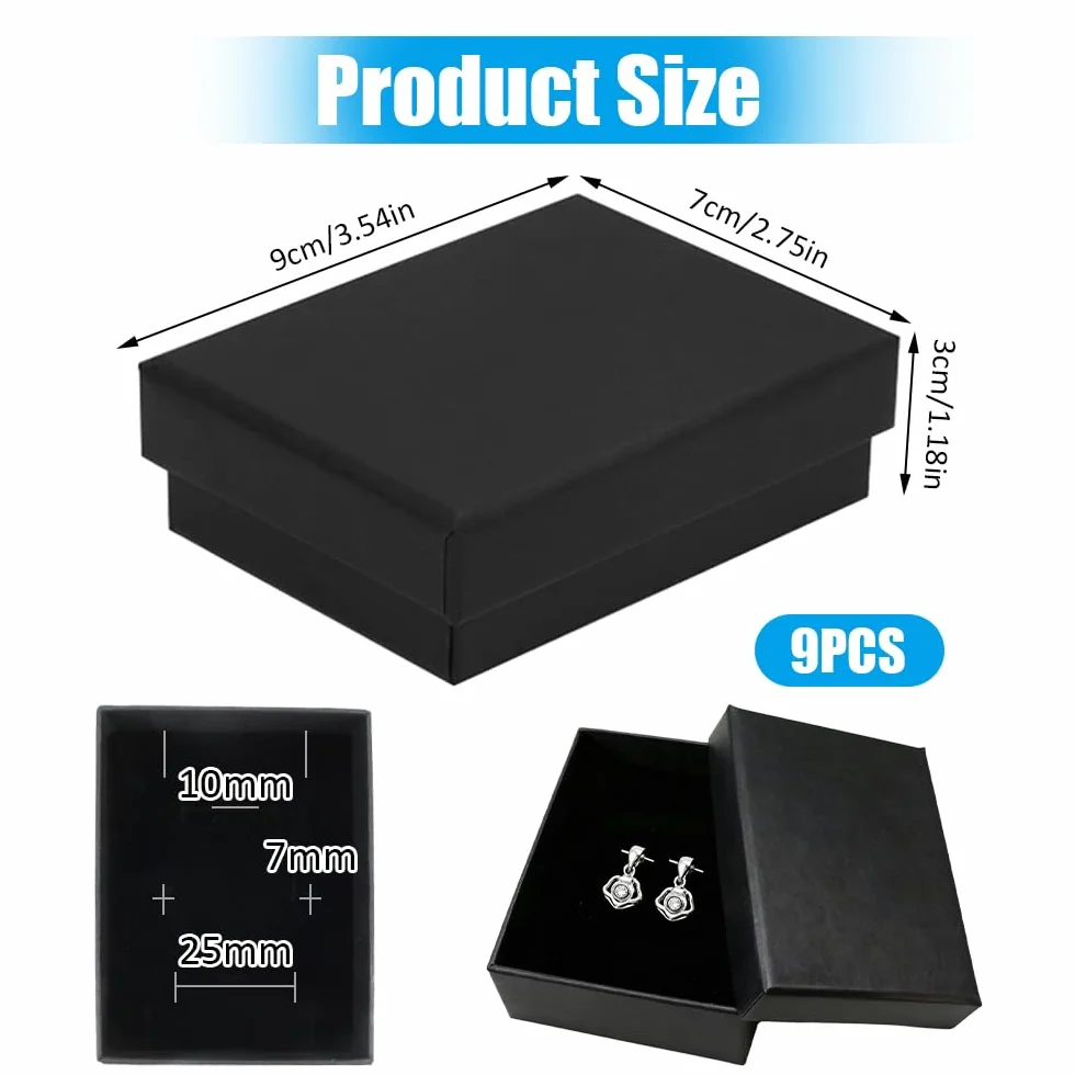 9 sztuk szkatułek na biżuterię z czarnego kartonu, 9 x 7 x 3 cm, pudełko prezentowe, czarne opakowanie na biżuterię na urodziny, wesele (9)