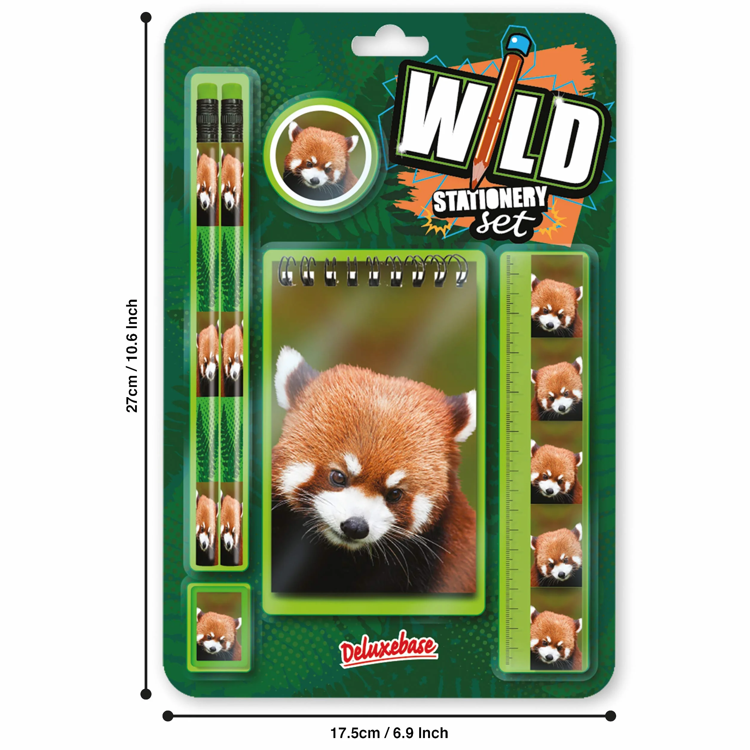 Zestaw Wild Stationery - Czerwona Panda Deluxebase. Te zabawne zestawy przyborów szkolnych obejmują 2 ołówki, gumkę, temperówkę, linijkę i zeszyt, zestaw artykułów piśmienniczych