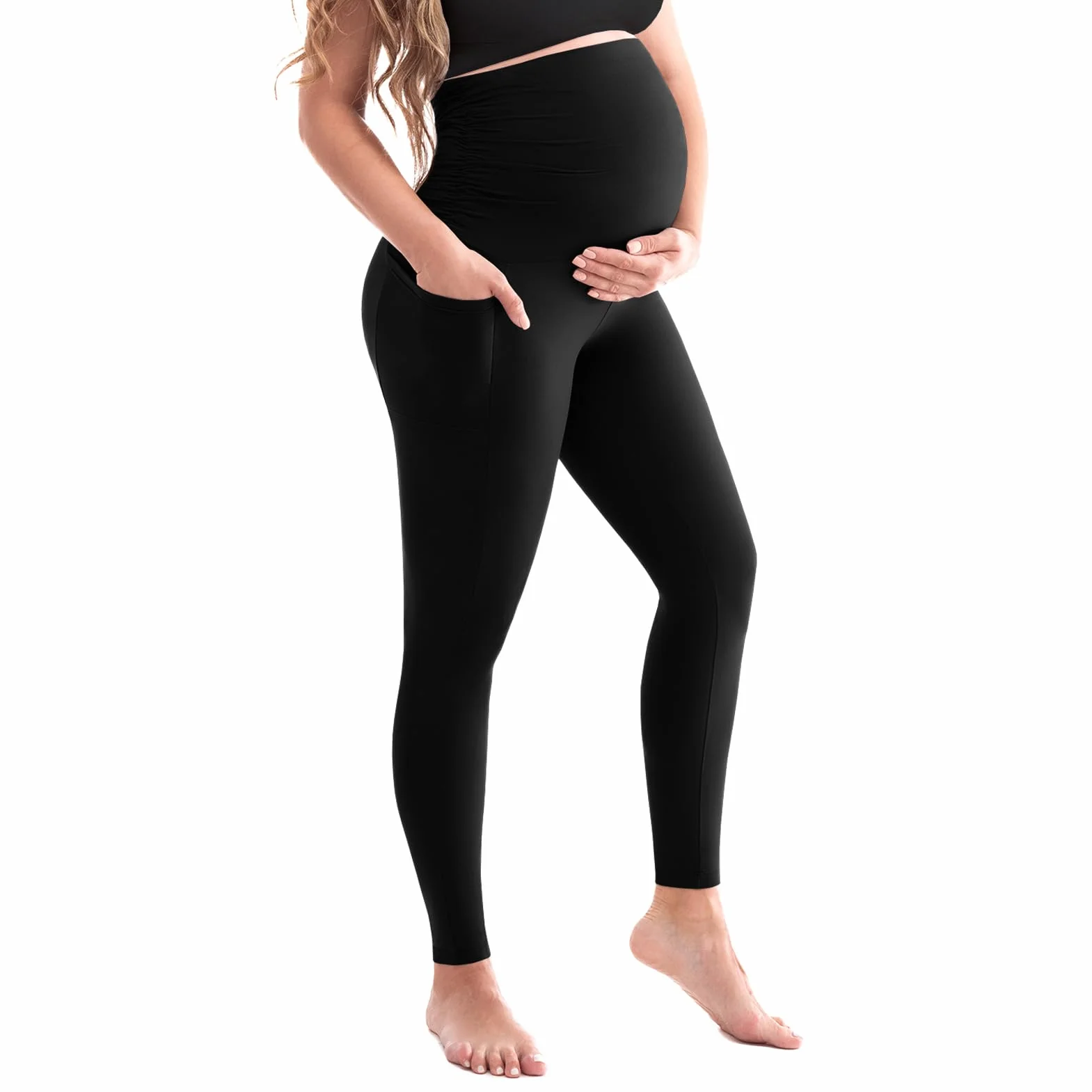 SINOPHANT Damskie legginsy ciążowe z wysoką talią, spodnie ciążowe z kieszeniami, nieprzezroczyste legginsy ciążowe, miękkie, elastyczne, moda ciążowa, do domu, jogi, M