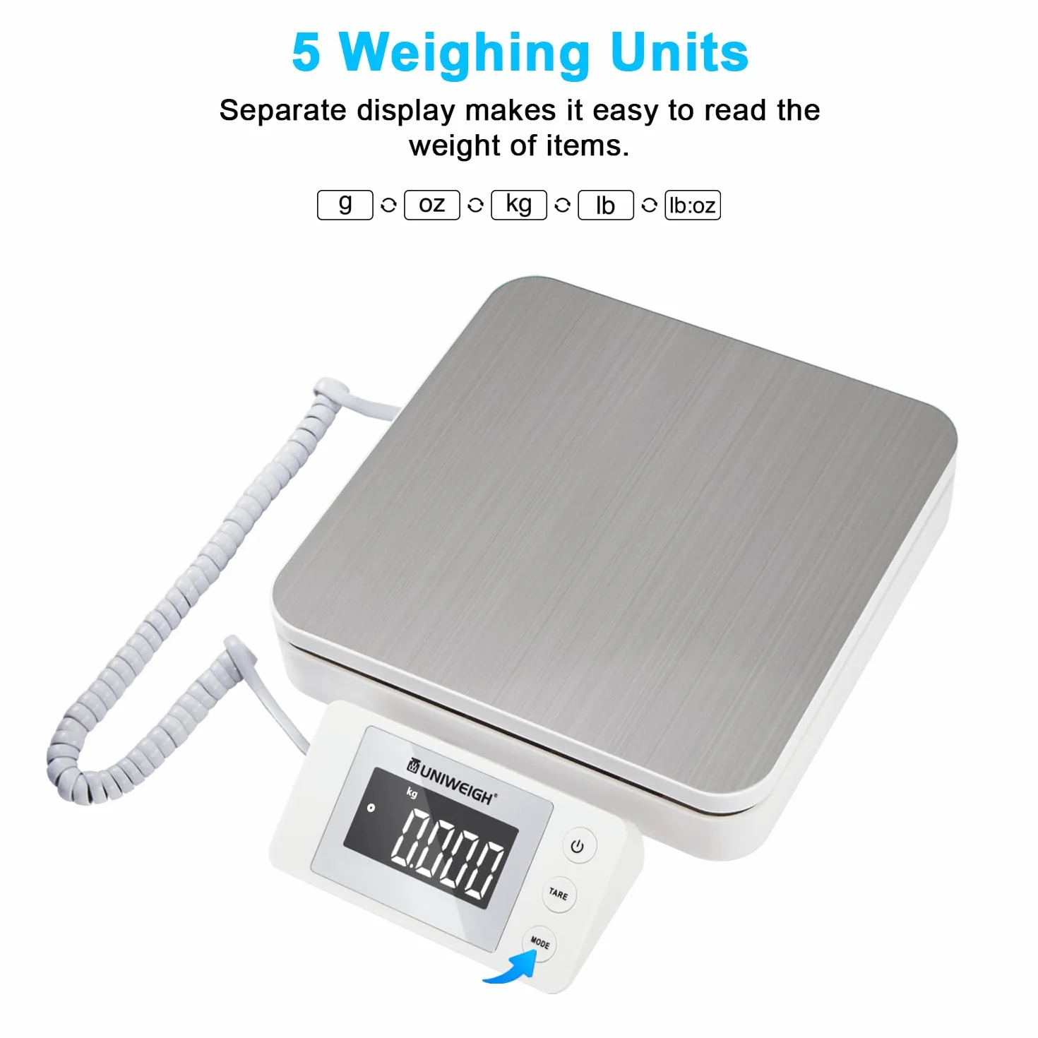 UNIWEIGH Cyfrowa Waga Pocztowa Do Przesyłek 88 lb/0,1 oz, Z Tarą i Wyświetlaczem LCD, Do Paczek i Małych Firm, Z Kablem USB i 2 Bateriami AAA