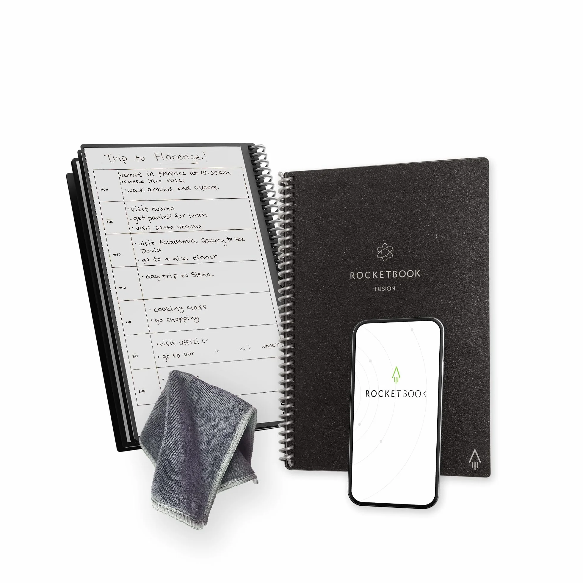 Rocketbook Fusion terminarz produktywności wielokrotnego użytku, format 15 cm x 22,4 cm, czarny – cele, kalendarz miesięczny i tygodniowy, codzienna lista rzeczy do zrobienia, strony w linie i w