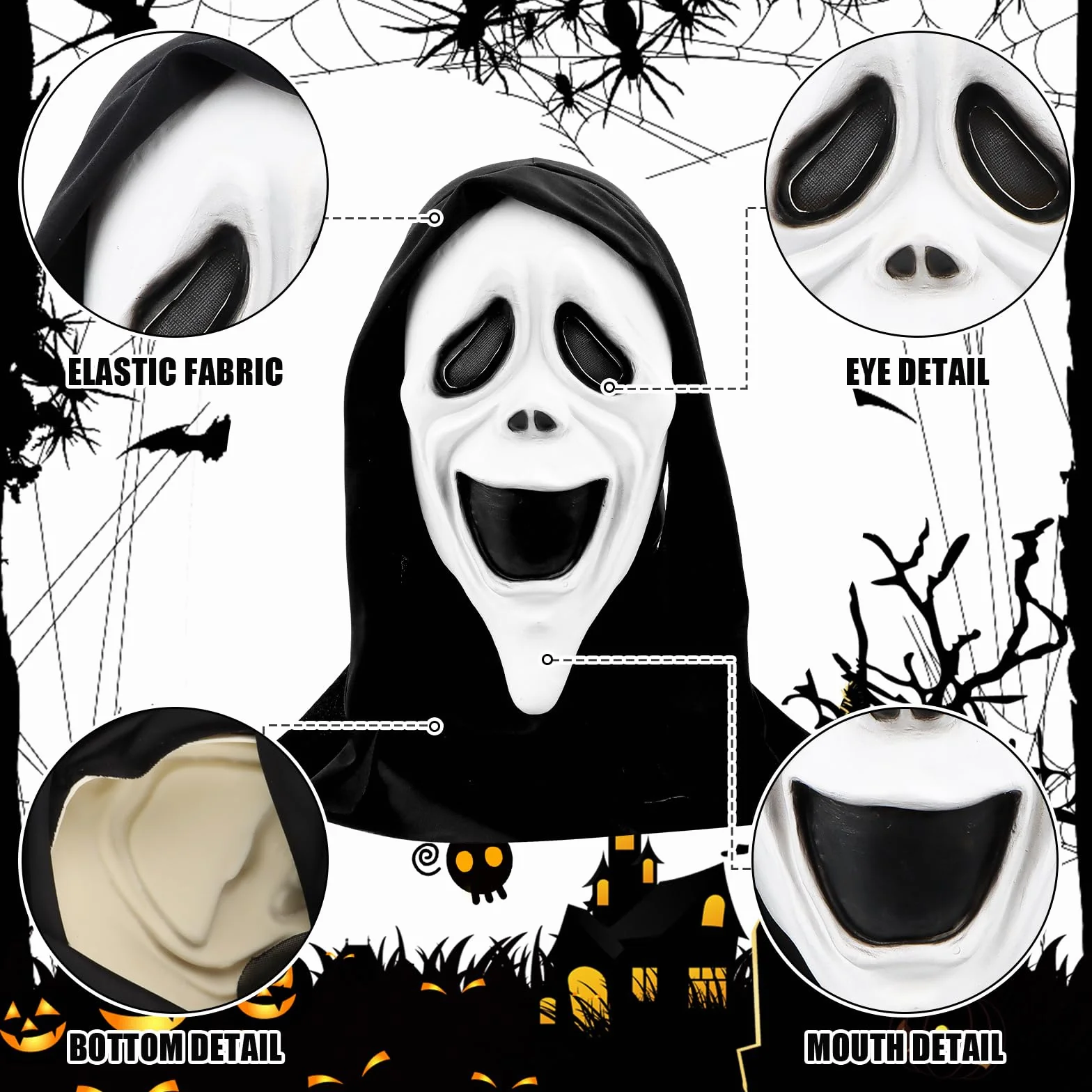 AKONE Ghostface maska na Halloween, horror, maska, krzyk, czaszka, maska na Halloween, imprezę, cosplay, maskarada, akcesoria kostiumowe, nadaje się na imprezy z horroru