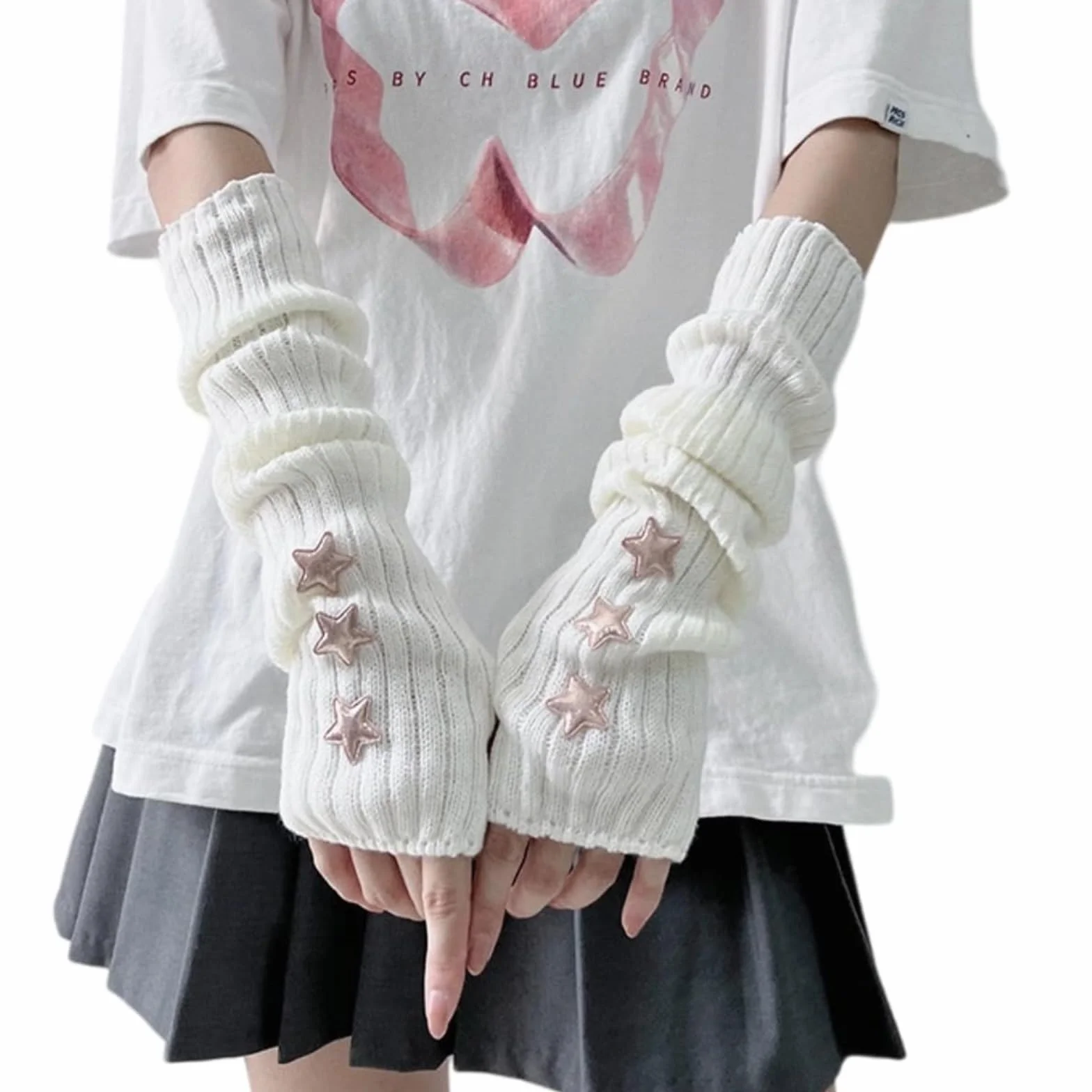 Moguri 1 para rękawiczek w stylu estetycznym Grunge Y2K, miękkie, białe rękawiczki bez palców z ornamentami w kształcie gwiazdy, rękawy do strojów gotyckich, mankiety dla kobiet, odzież femboy, modne