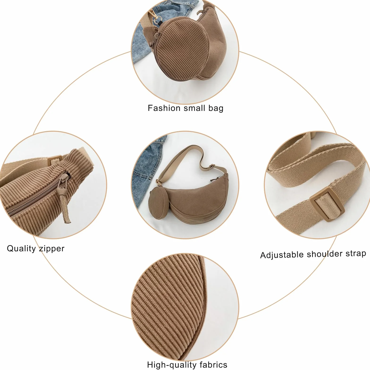 Moon Bag Cord torba na ramię damska mała – mała torebka damska Crossbody Bag Cord, torba na ramię z regulowanym paskiem, stylowy zestaw toreb na brzuch
