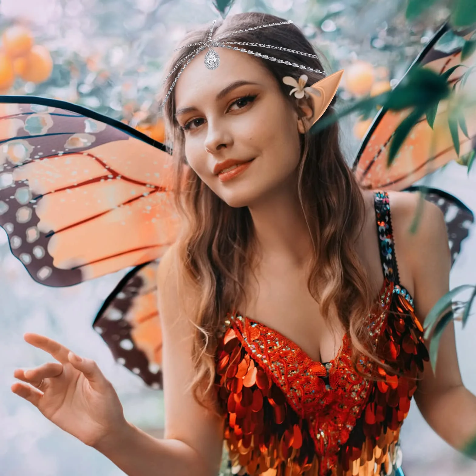 Lusofie Uszy elfa, łańcuszek z księżycem, w stylu retro, stras, akcesoria do włosów, na cosplay, imprezę, anime, bal maskowy