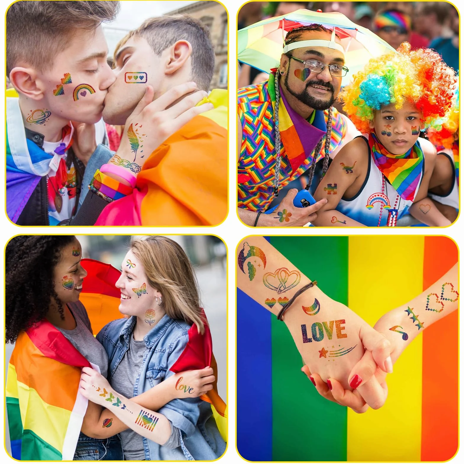 Qpout 67 sztuk brokatowych tatuaży tymczasowych, tęczowych tatuaży na twarz, motyle, serce, tęcza, flagi, naklejki na ciało, 10 błyszczących tatuaży na twarz dla dziewcząt, chłopców, na urodziny