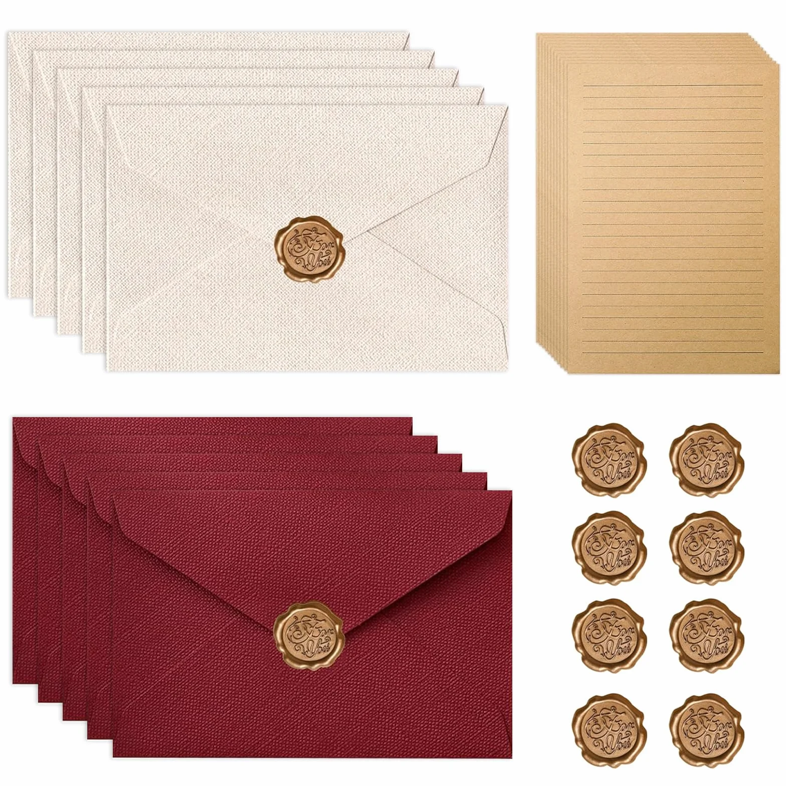 Zestaw 40 listów miłosnych, A5, papier listowy w stylu vintage, z 10 kopertami, 20 starego papieru i 10 pieczęciami woskowymi, na zaproszenia ślubne, kartki z życzeniami (czerwone + beżowe)