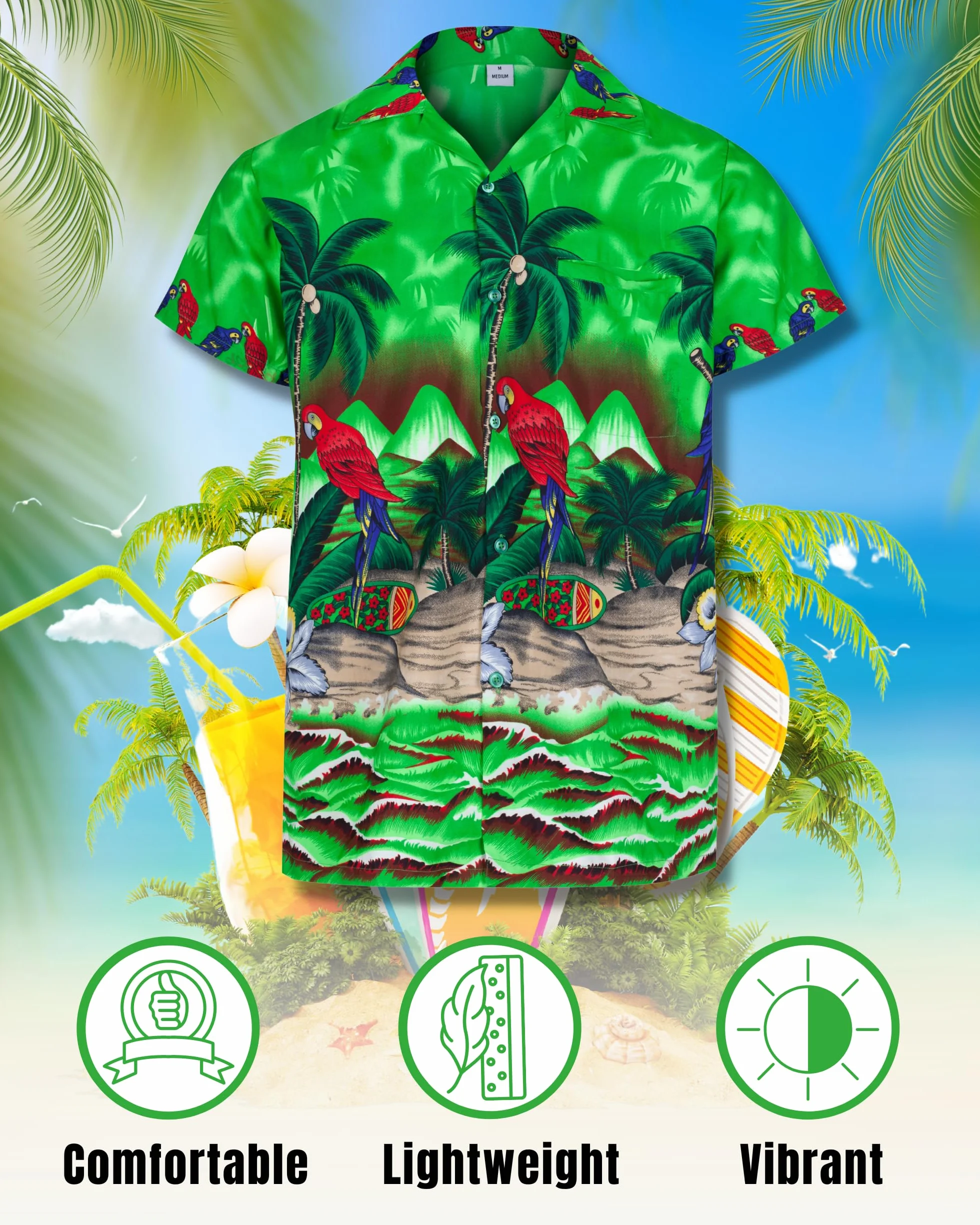 REDSTAR Hawaiian Shirts for Men a Short Sleeve Button Down Mens Shirt - Parrot and Palm Tree Beach Tropical - Mens Summer Dress