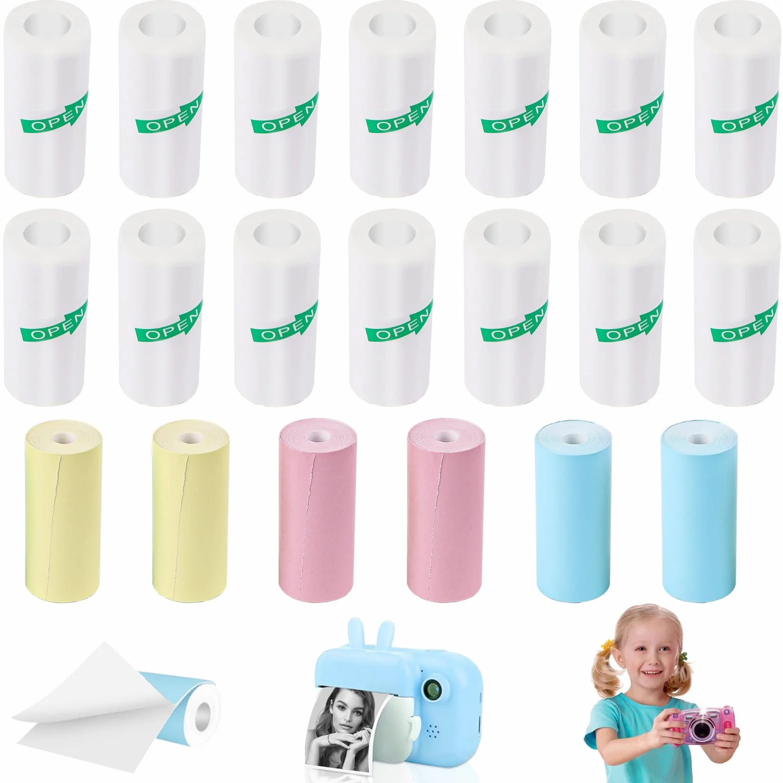 Mini naklejki na drukarkę, 20 rolek papieru termicznego do aparatu dziecięcego, 14 rolek białych i 6 kolorowych do mini drukarki fotograficznej (57 x 25 mm)