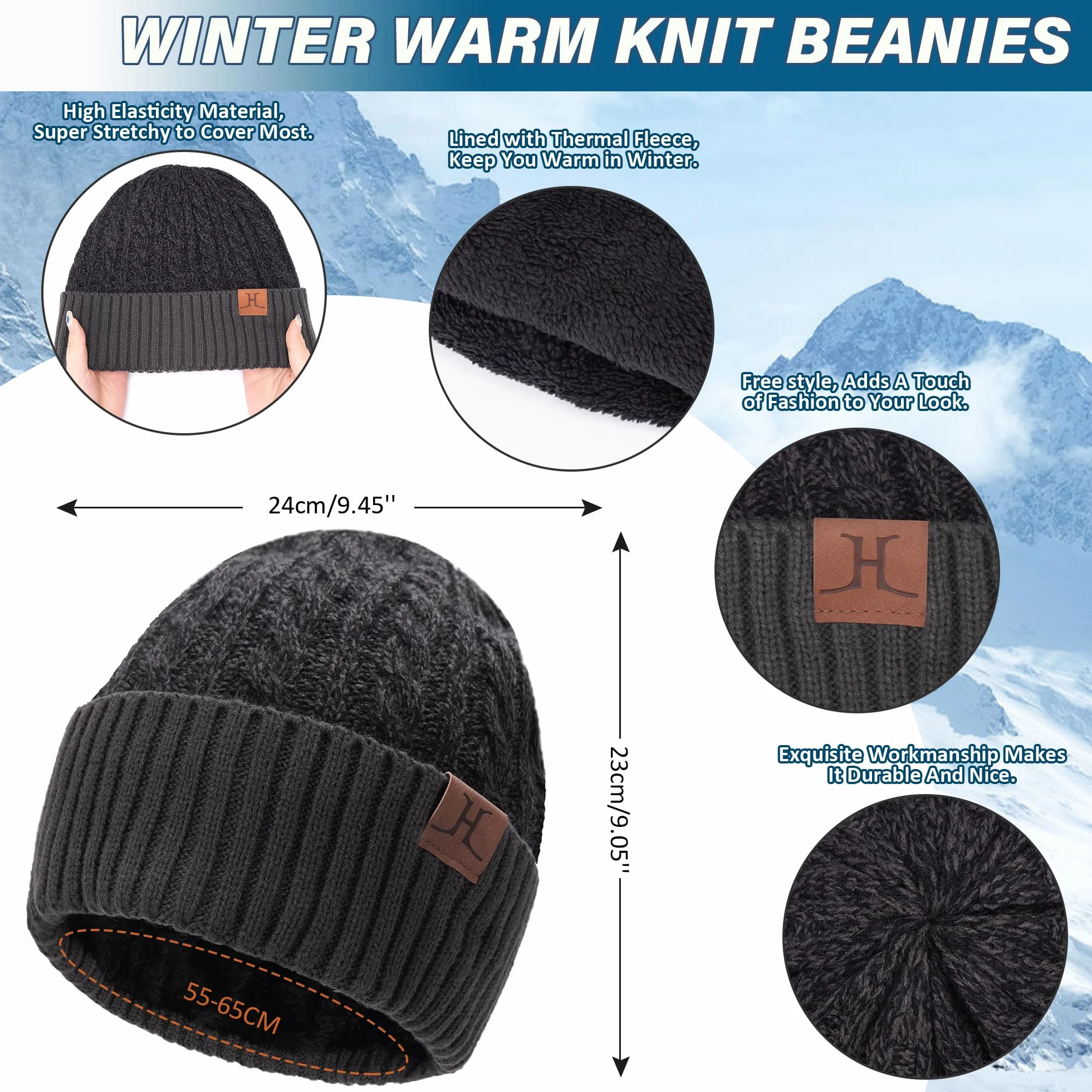 Bequemer Laden Męskie damskie zimowe czapki typu beanie rękawiczki do ekranu dotykowego szalik na szyję zestaw ocieplacz dzianinowa czapka z czaszką z podszewką polarową prezenty dla mężczyzn kobiet,