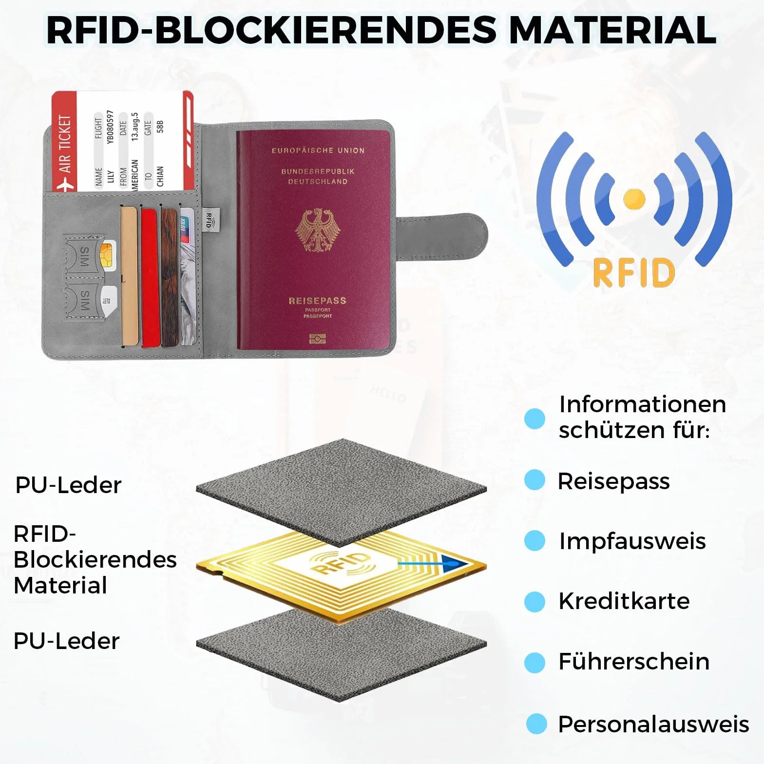 Etui na paszport, etui na paszport z blokadą RFID, etui ochronne ze sztucznej skóry, etui na paszport dla kobiet/mężczyzn, na paszport, kartę pokładową, kartę SIM, dowód osobisty, kartę