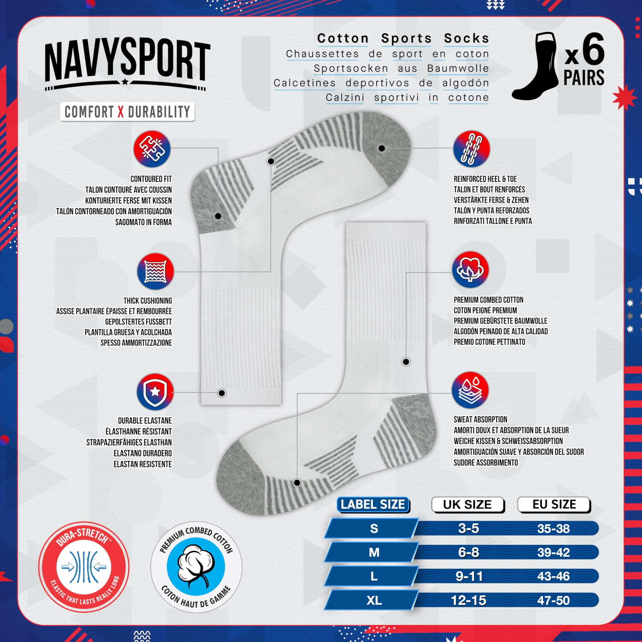 NAVYSPORT Bawełniane skarpety sportowe, męskie, 6 par