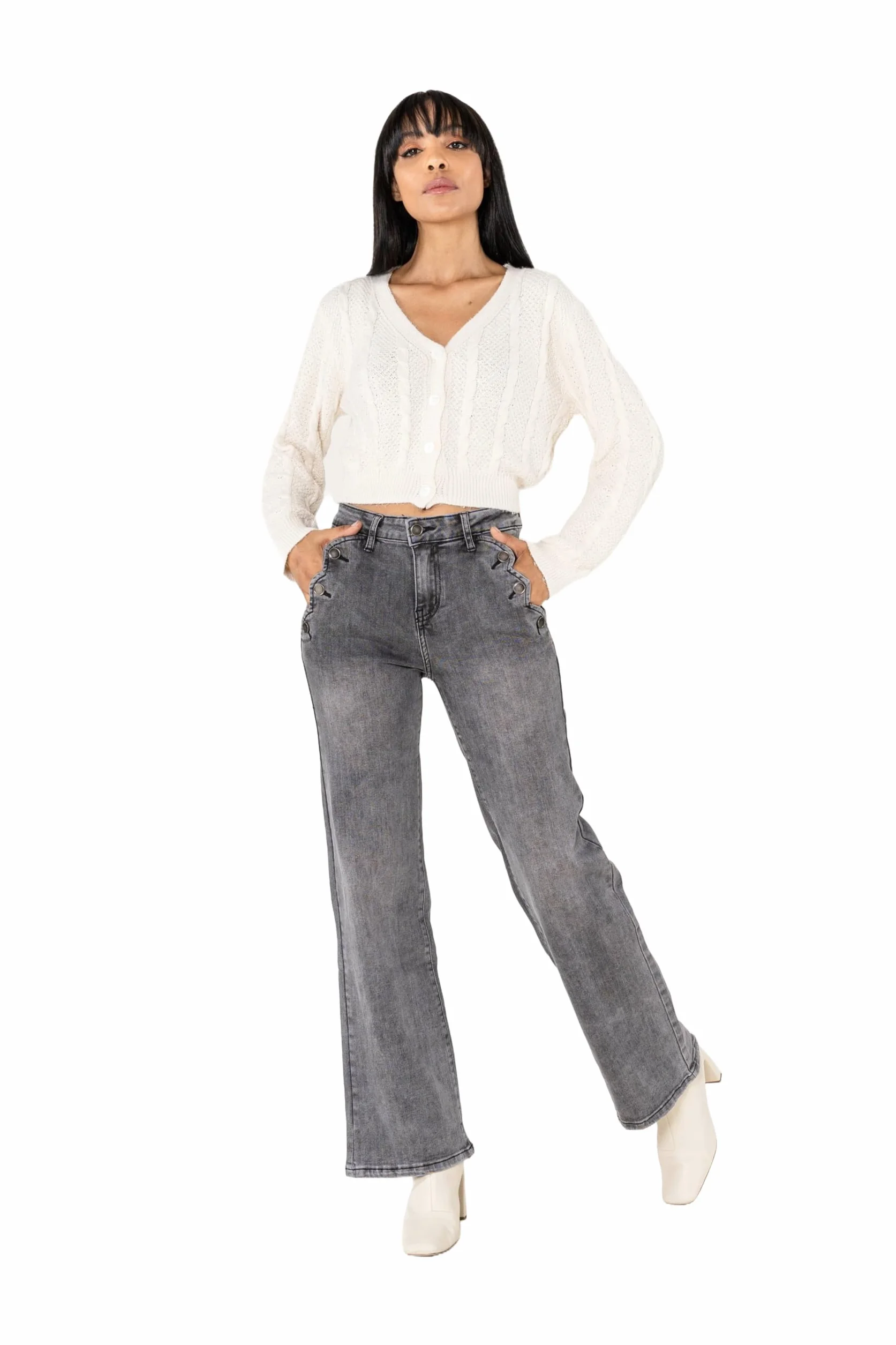 Nina Carter P195 damskie spodnie jeansowe Flared Bootcut High Waist Jeans