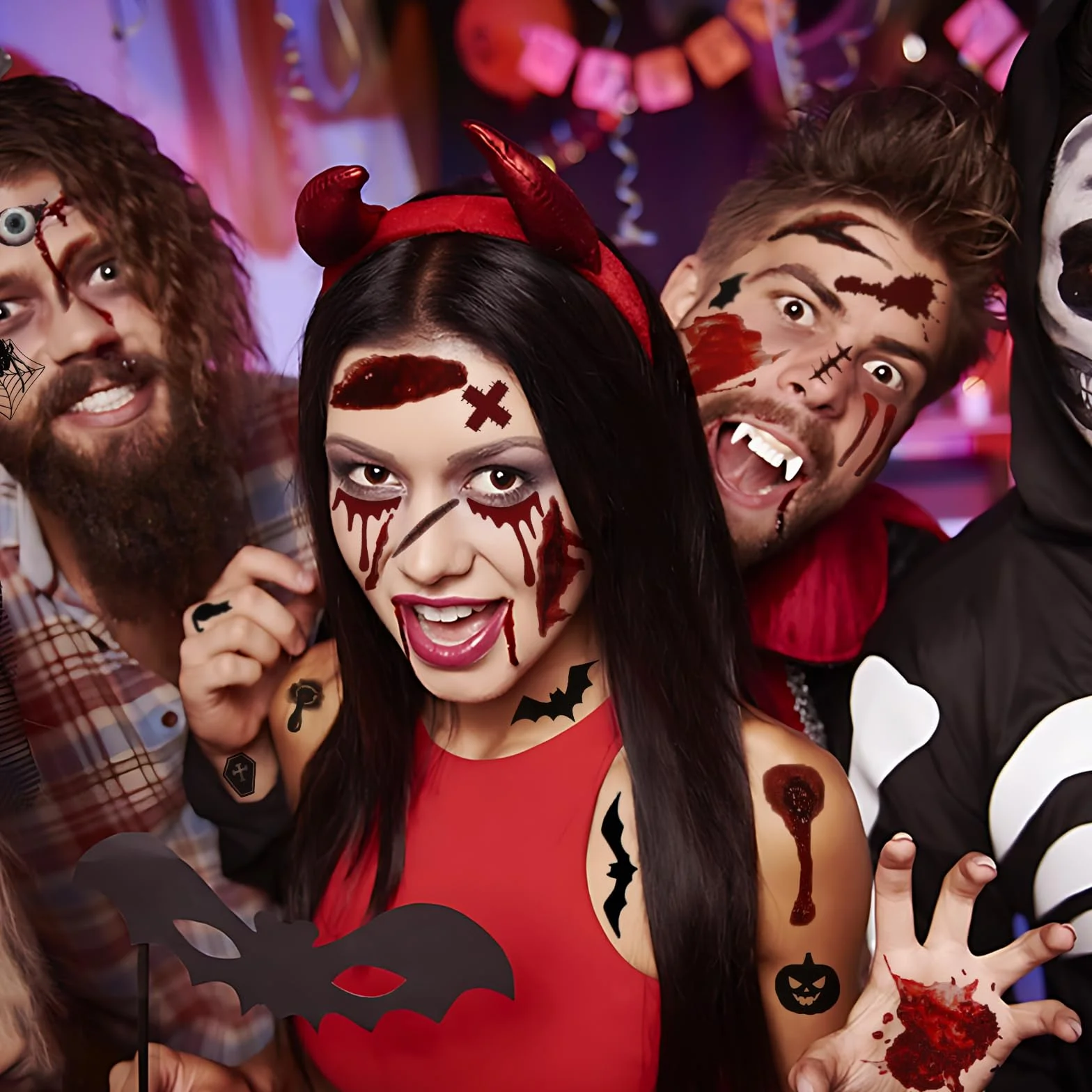 12 arkuszy tatuaży na Halloween, kostium dla kobiet i mężczyzn, tatuaż na twarz, blizny, rany, nietoperz, twarz, naklejki, tymczasowe tatuaże, akcesoria dla wampira, zombie, diabła, czarownicy