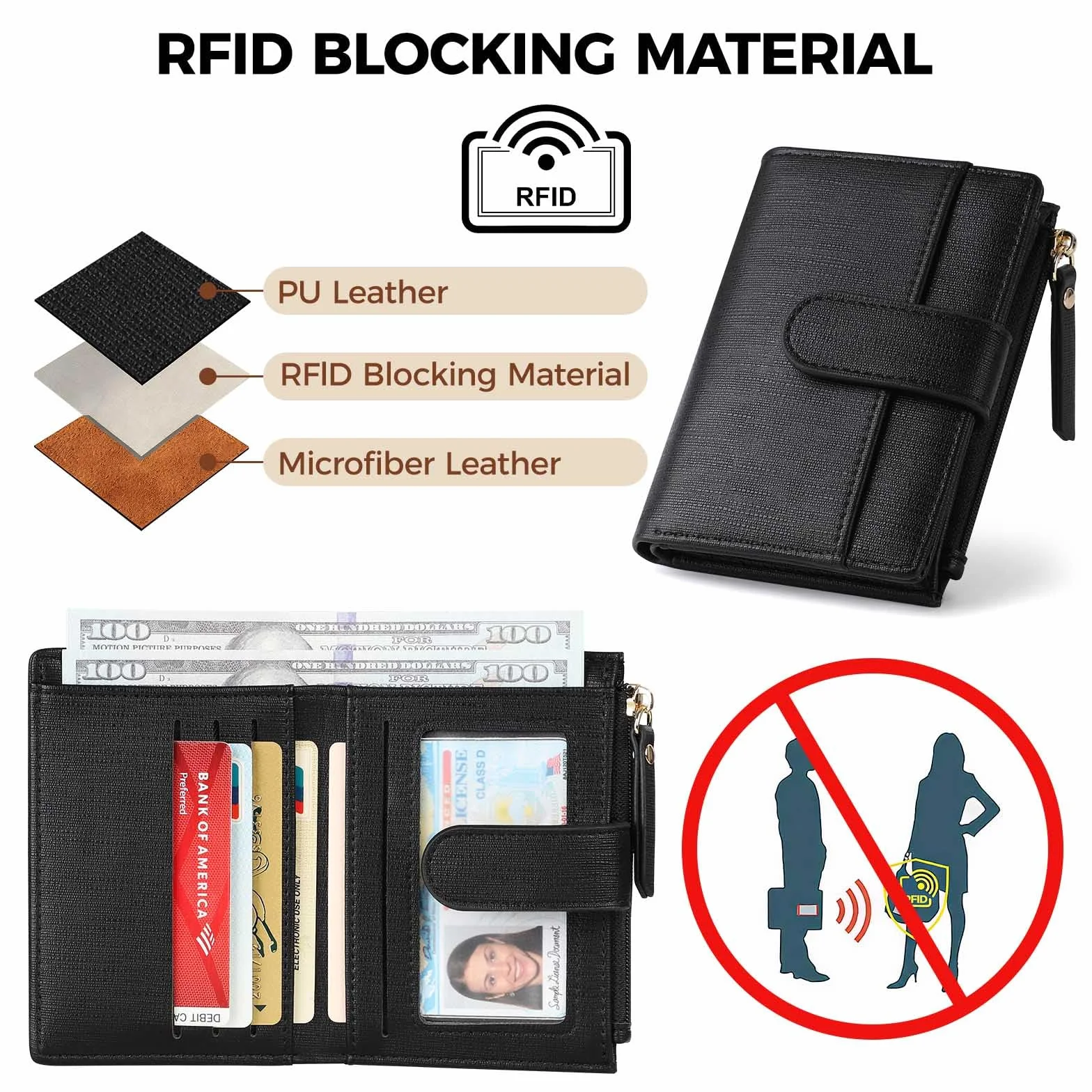 Portmonetka damska, mały portfel damski, skórzany, mały portfel, ochrona RFID, mini portfel z przegródkami na karty, portfel dziewczęcy z zamkiem błyskawicznym i przegródkami na dowód