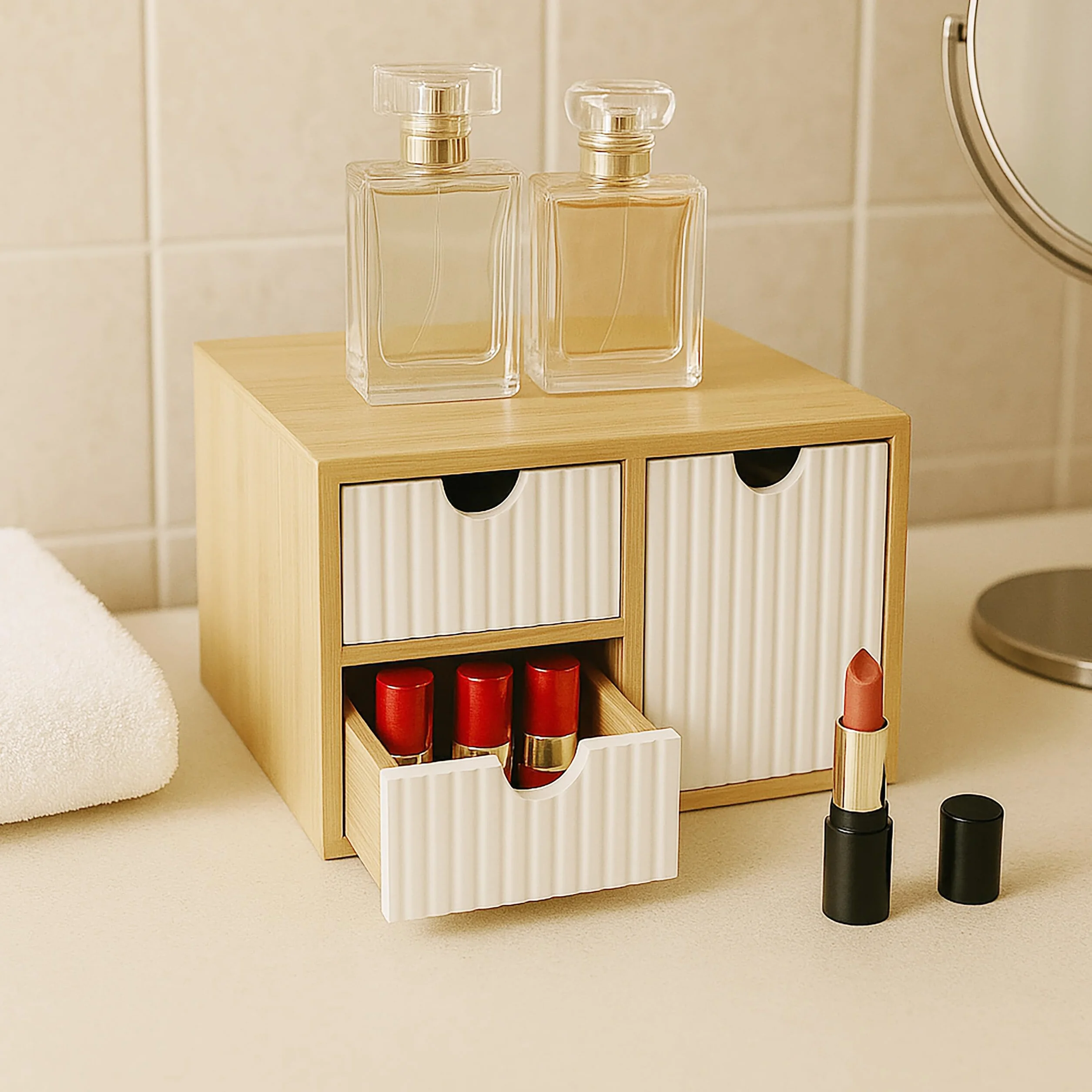Relaxdays Pudełko z szufladami, bambus i MDF, 3 rowkowane szuflady, wys. x gł.: 15 x 25 x 20 cm, organizer na biurko, biały/naturalny