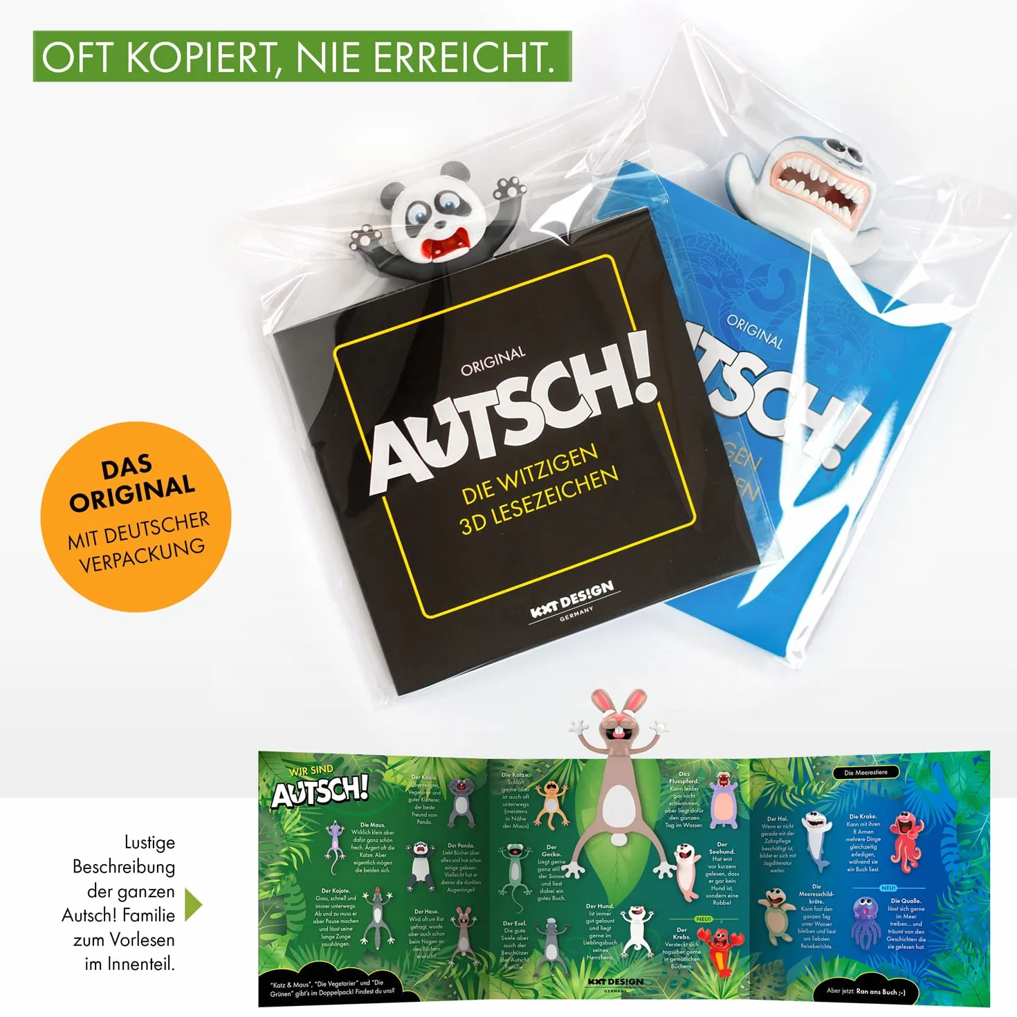 KXT Autsch! Zakładka 3D do książki kreskówkowe zwierzęta, zabawny prezent dla dzieci i dorosłych (rekin)