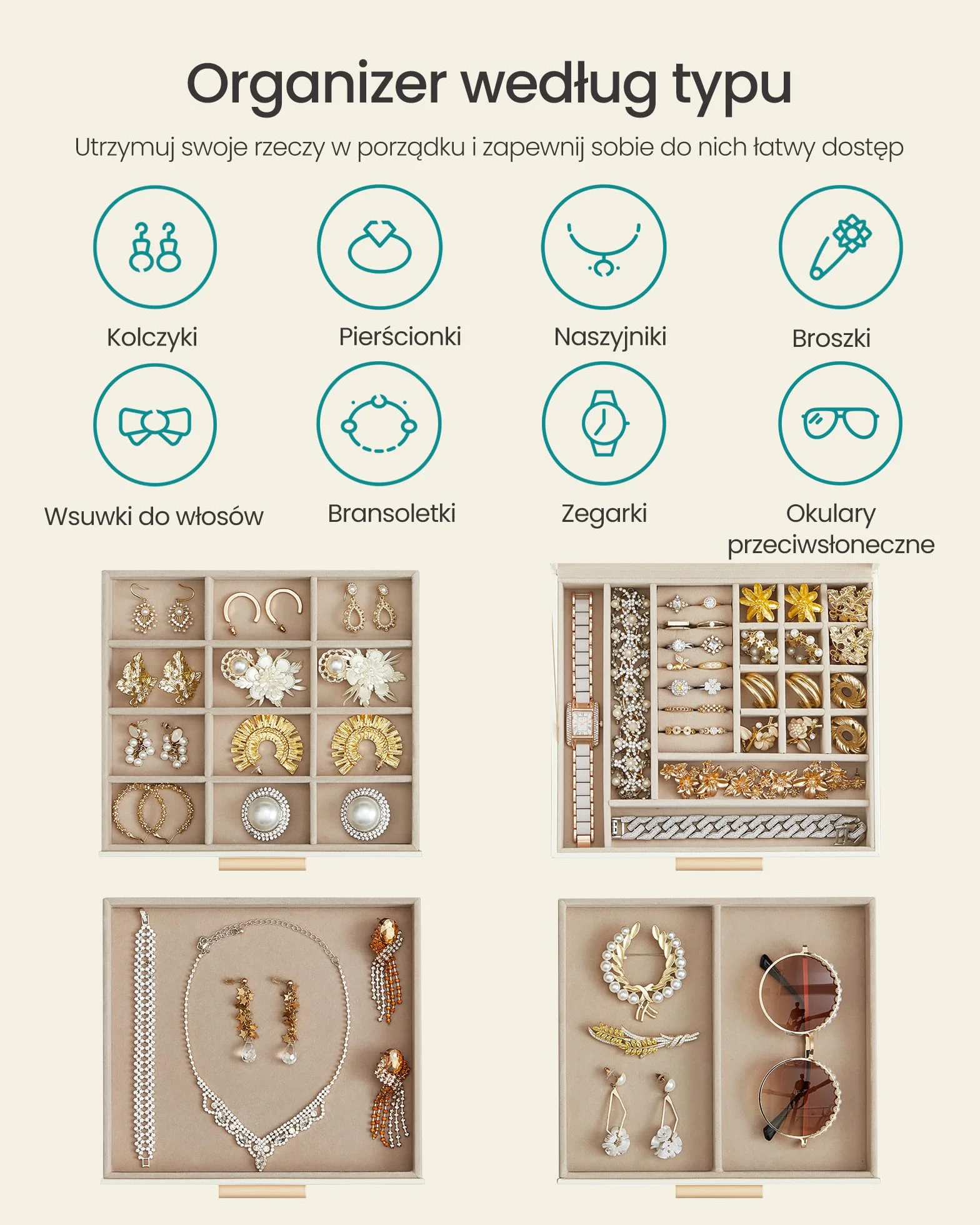SONGMICS Pudełko na biżuterię, 4 poziomy, ze szklaną pokrywką, miejsce do przechowywania biżuterii, 20,3 x 23,1 x 16,5 cm, chmura białego złota JBC173W01