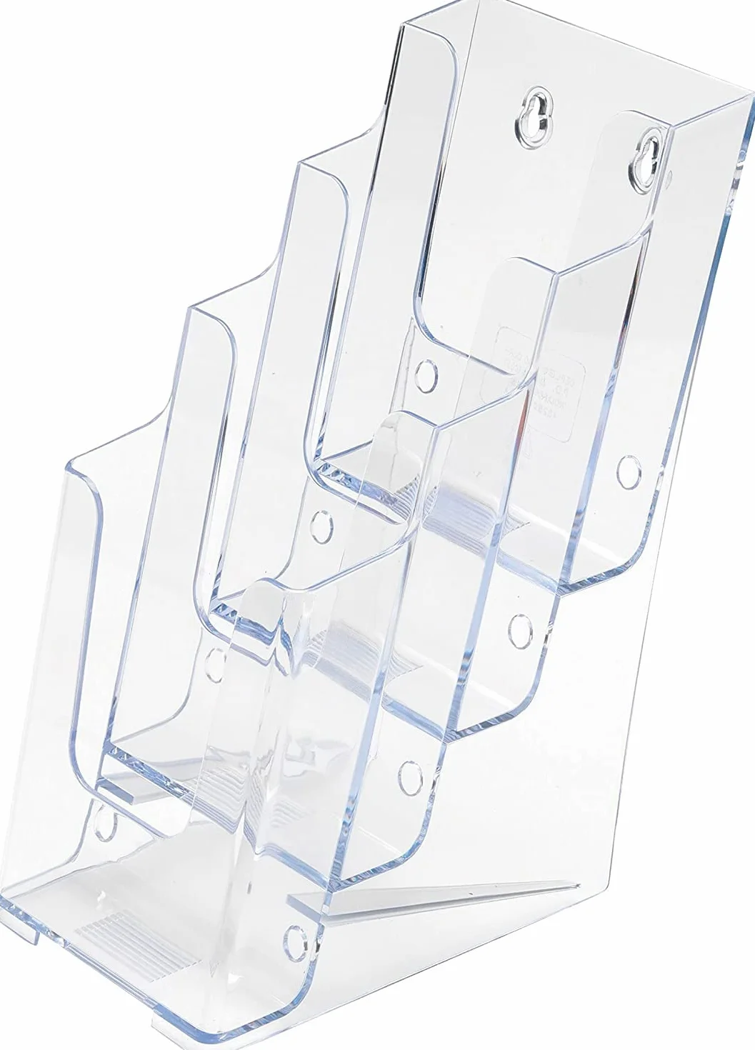 Deflecto wielopoziomowy stojak na broszury, DIN A4 1/3, format pionowy, 120 x 255 x 200 mm, 4 poziomy, ścięty, krystalicznie czysty, na stół lub ścianę, stojak na reklamy, ulotki, prezentacje