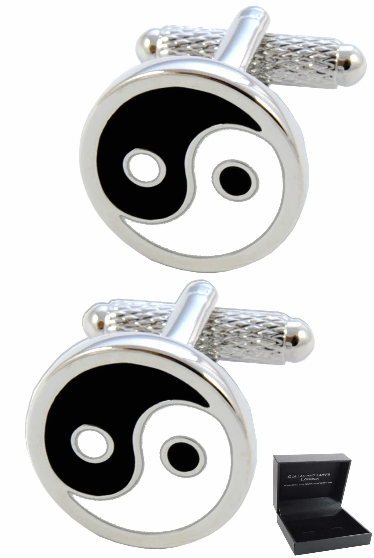 Spinki do mankietów dla mężczyzn + pudełko prezentacyjne - nowość - Yin i Yang - metal mosiężny - symbol przeciwstawny fali równości Ying - kolory czarny, biały i srebrny - jedna para