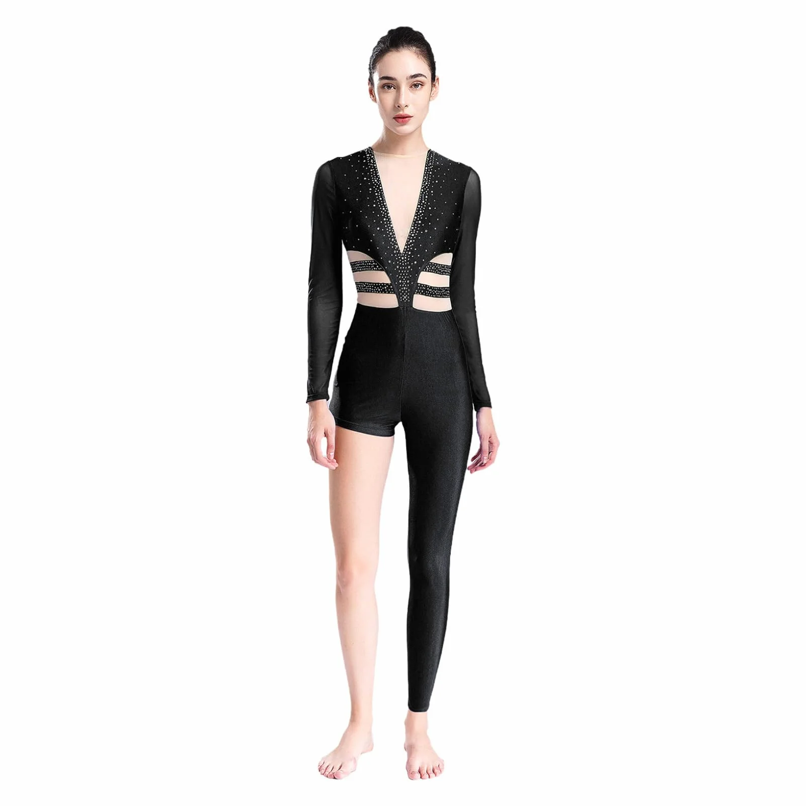 Oyolan Damski kombinezon gimnastyka Łyżwiarstwo figurowe Taniec trykot asymetryczny długi rękaw Leotard Rhinestone Unitard S-XXL