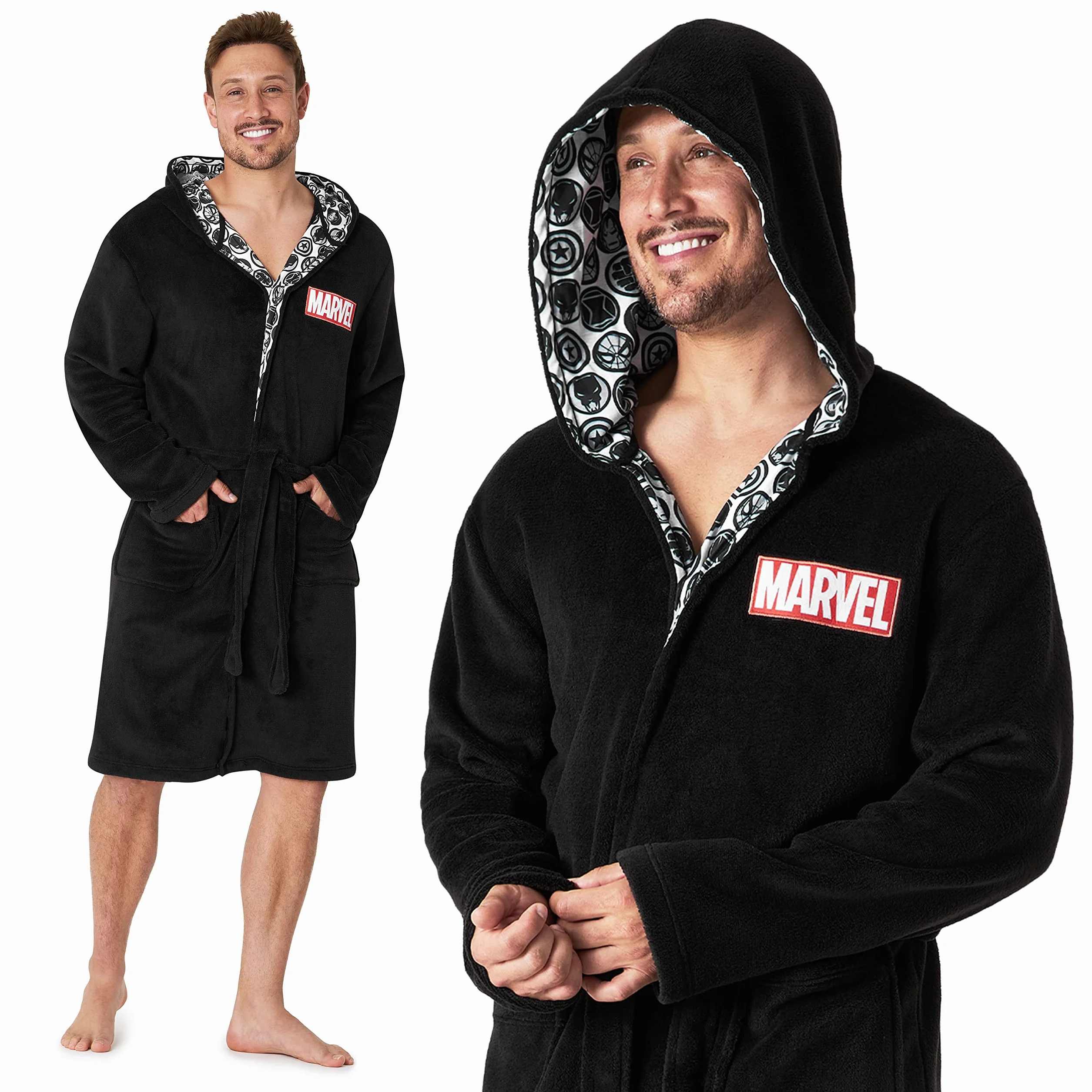 Marvel Szlafrok męski, puszysty, polarowy szlafrok poranny z kapturem