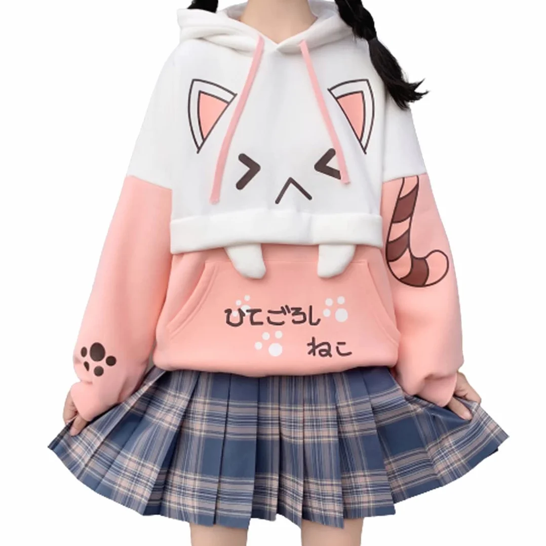 Himifashion urocza bluza z kapturem nastolatki kawaii nadruk kota sweter z kapturem topy plus aksamitna bluza luźne ciepłe bluzy z kapturem, różowy, Rozmiar uniwersalny